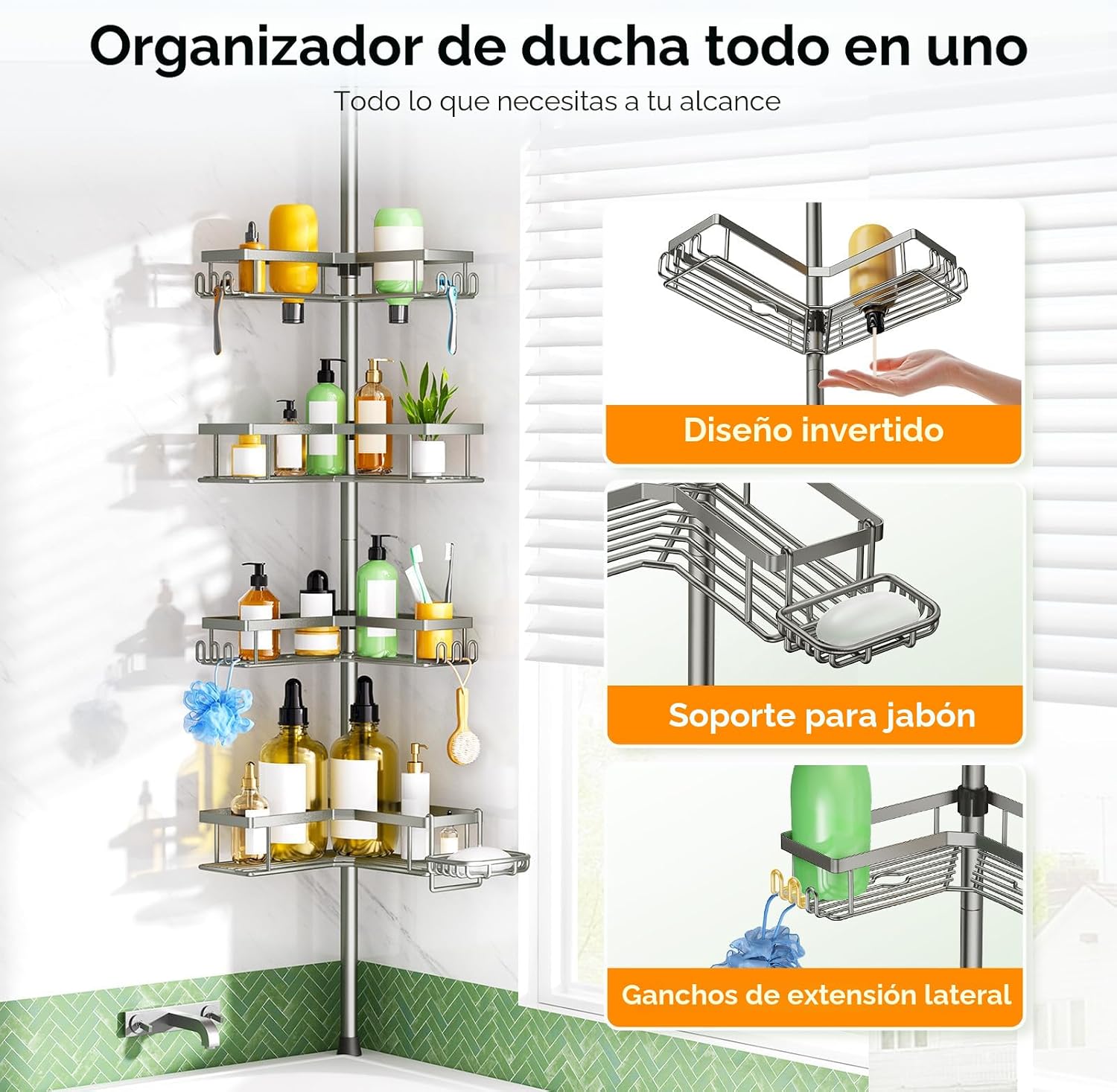 HAMITOR Poste de tensión para regadera: organizador de baño a prueb...