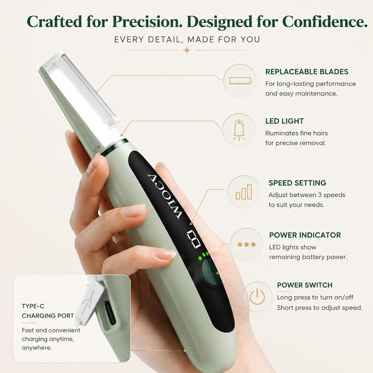 Wiocv Sonic Dermaplane Razor para las mujeres cara facial eléctrico...