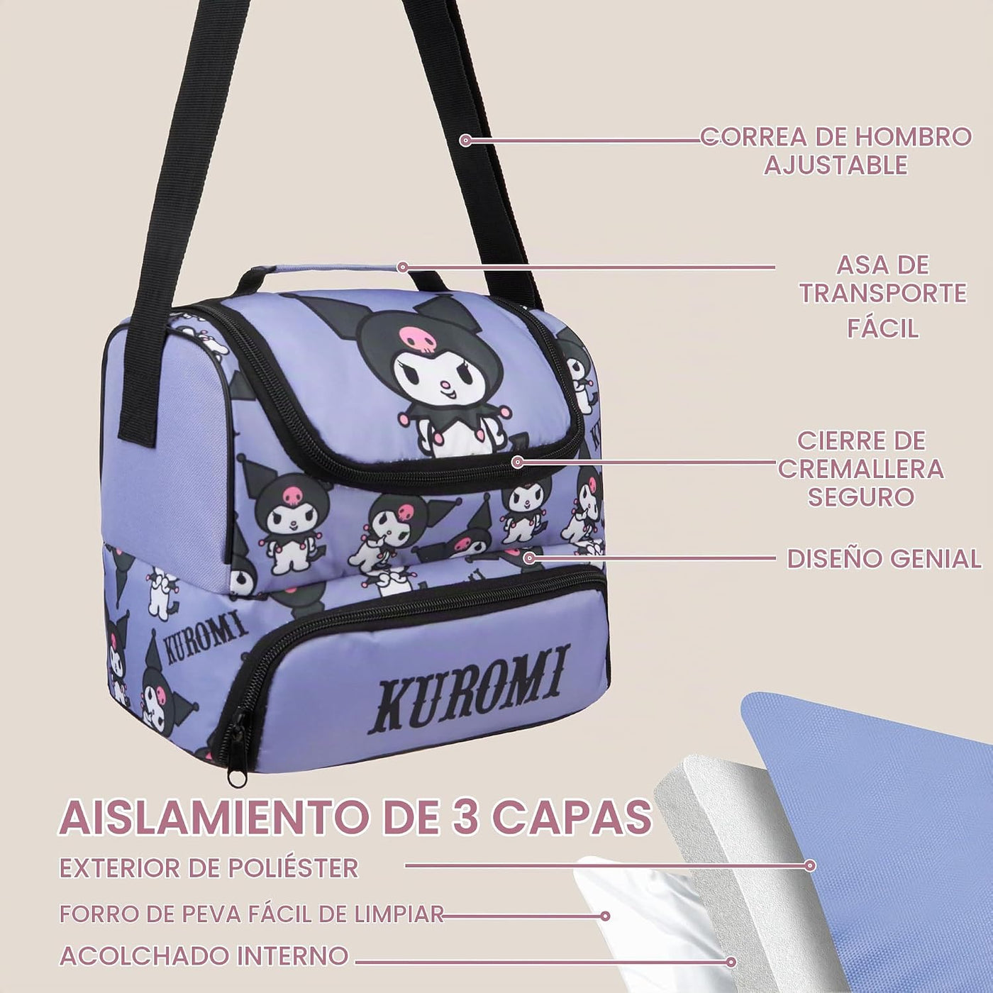 Get Trend Sanrio Kuromi Bolsa de almuerzo aislada para niñas para l...