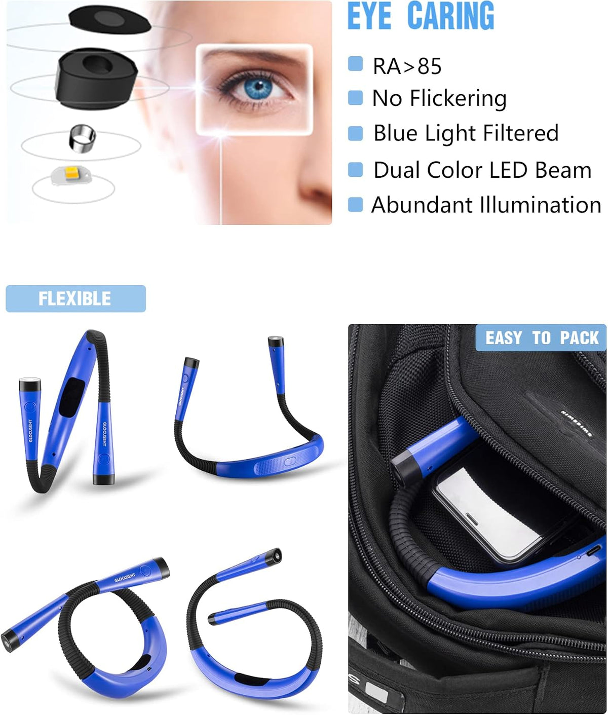 Glocusent Luz de libro, luz de cuello flexible, luz de libro para l...