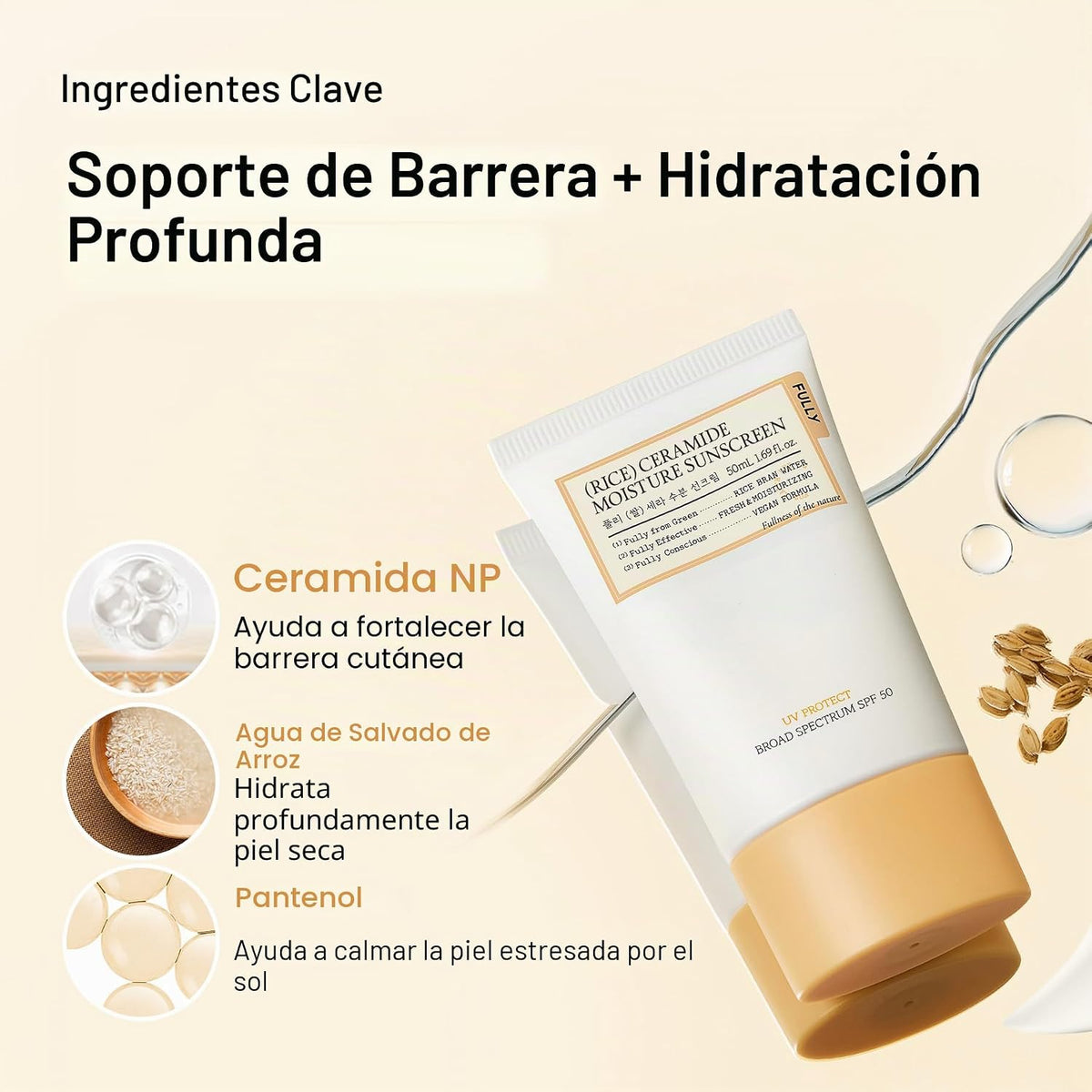 FULLY Rice Ceramide Moisture Protector solar SPF 50, sin fundición...