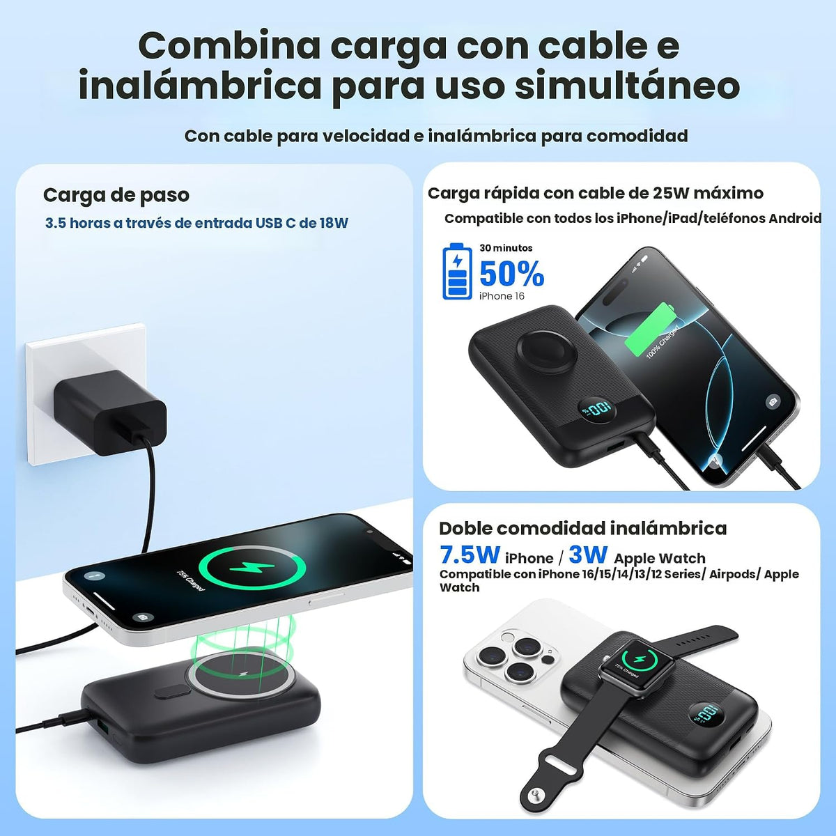 Cargador portátil magnético para iPhone y Apple Watch, 10800 mAh 25...