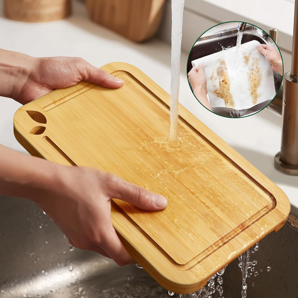 Toolola Tablas de cortar de bambú para cocina con soporte y alfombr...