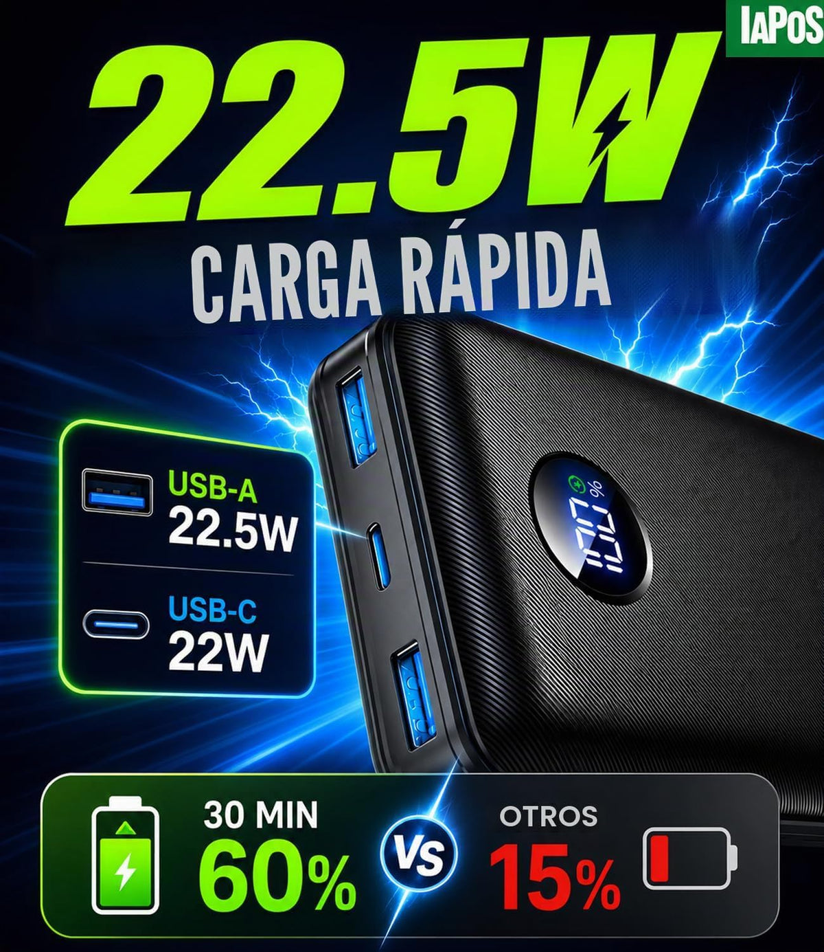 IAPOS Cargador portátil de carga rápida de 60000mAh 22.5W, para ban...