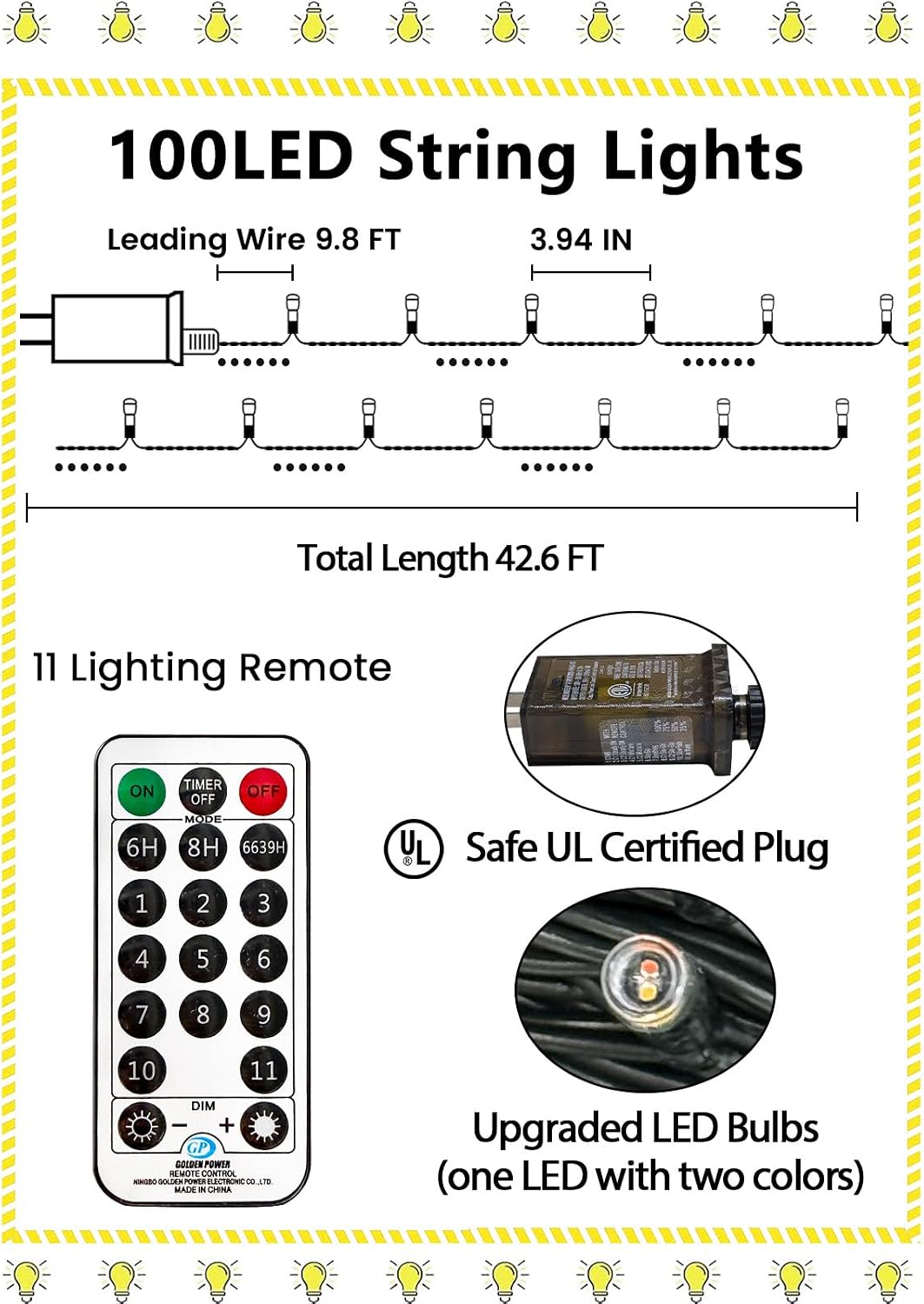 Luz navideña que cambia de color conectable de 100 LED de 42,8 pies...
