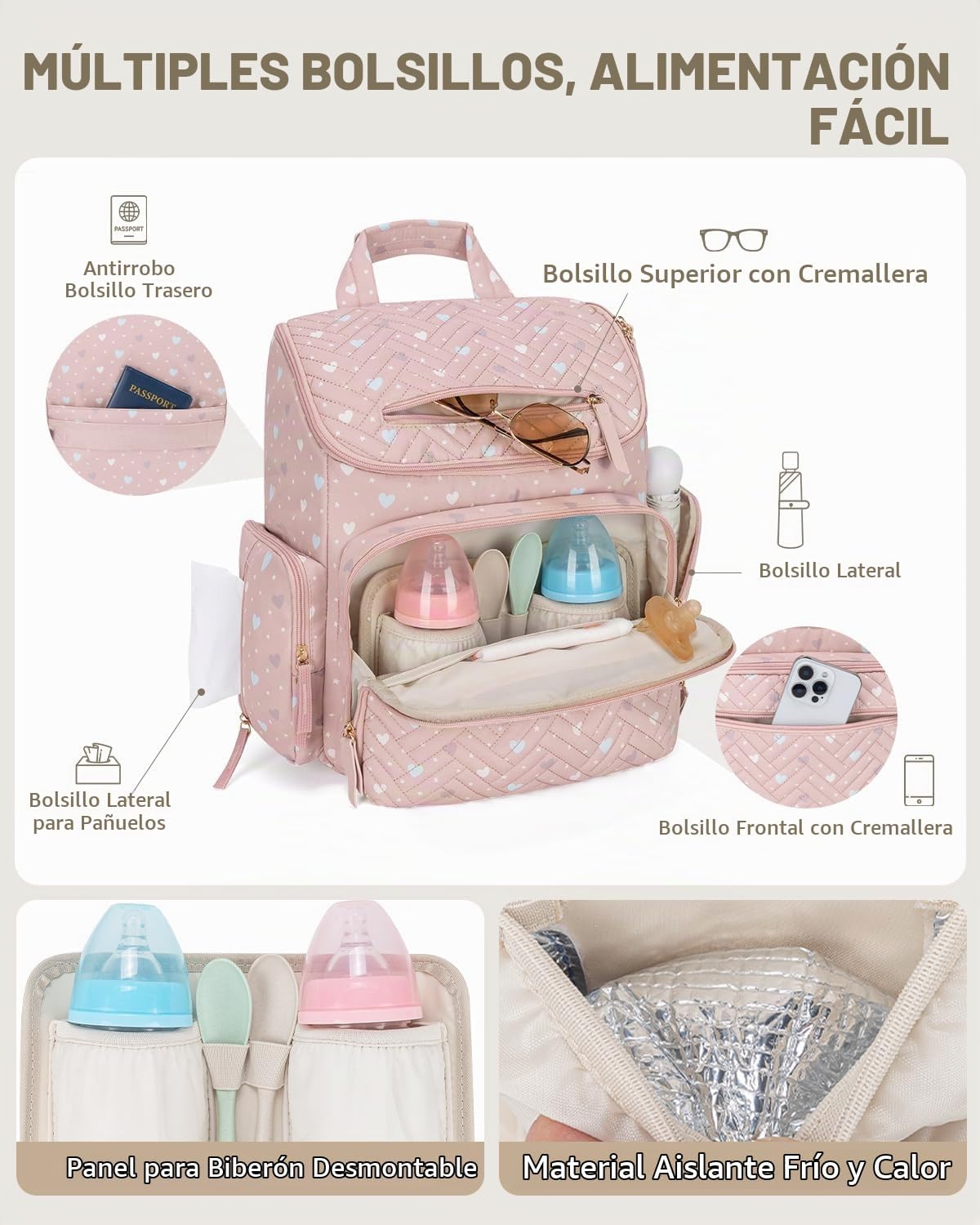KABAQOO Mochila para pañales con cambiador y bolsillos aislados, Ro...
