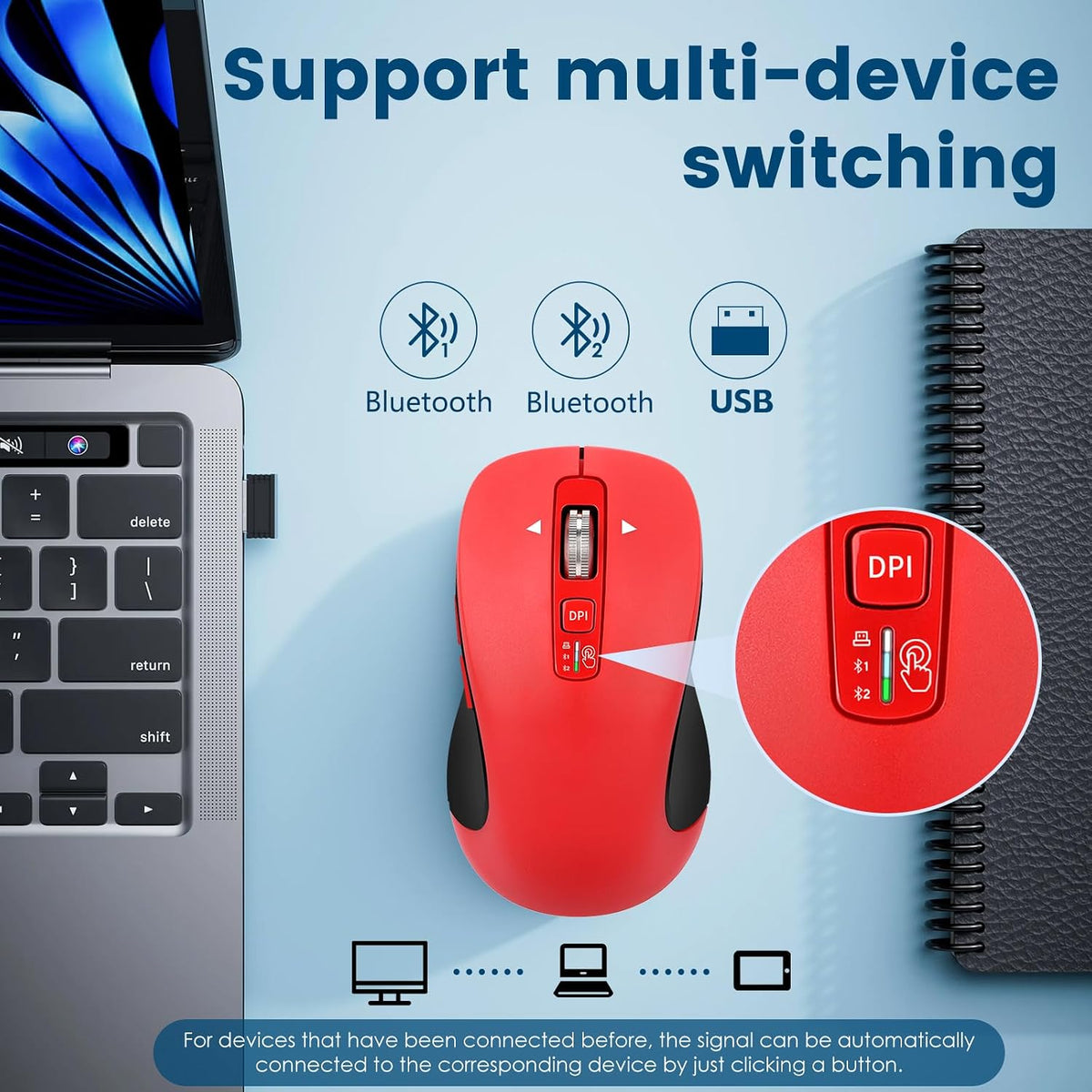 CITLLA Ratón Inalámbrico Bluetooth (USB + BT1 + BT2), Tamaño Comple...