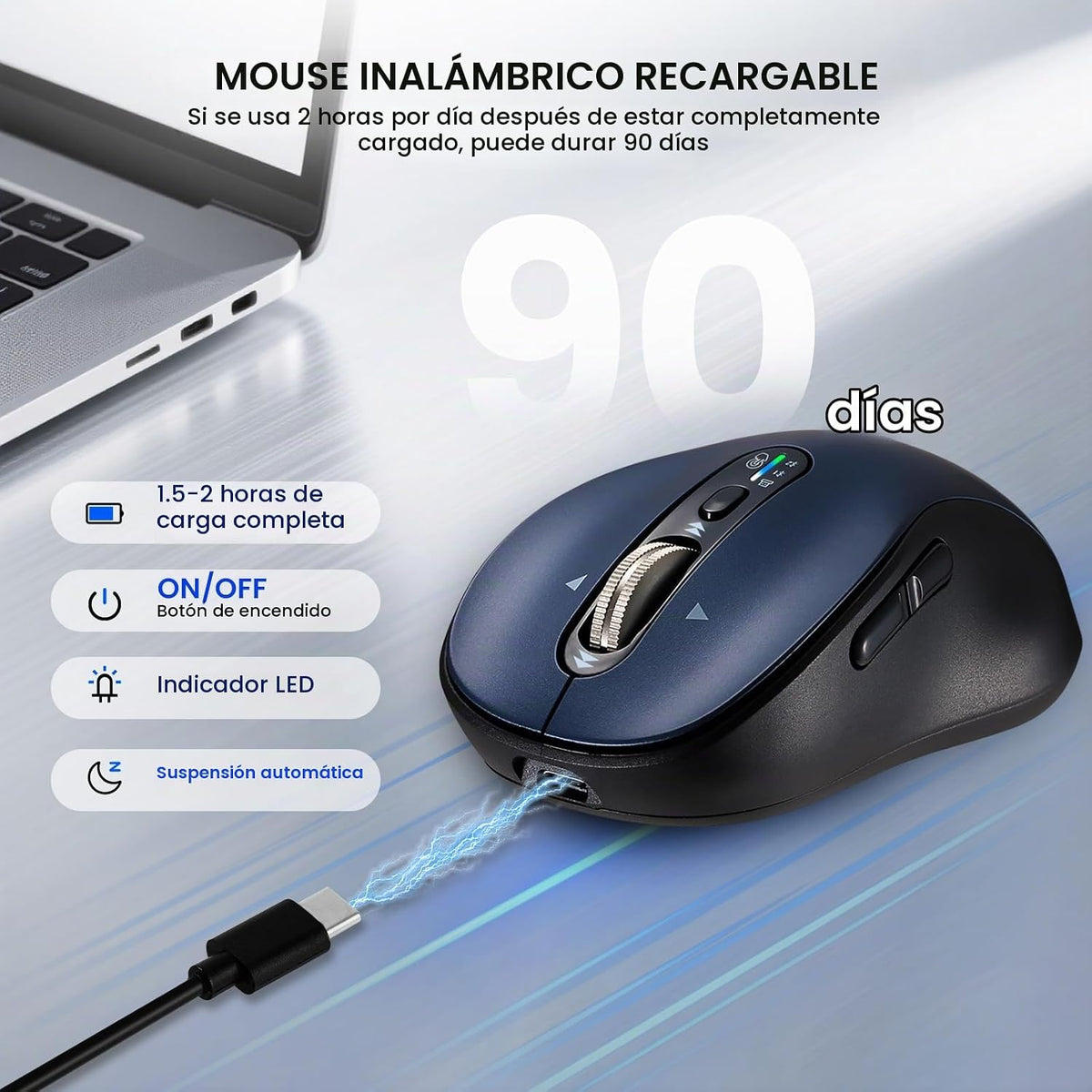 Ratón inalámbrico Bluetooth para portátil, USB+BT×2, carga USB-C, r...