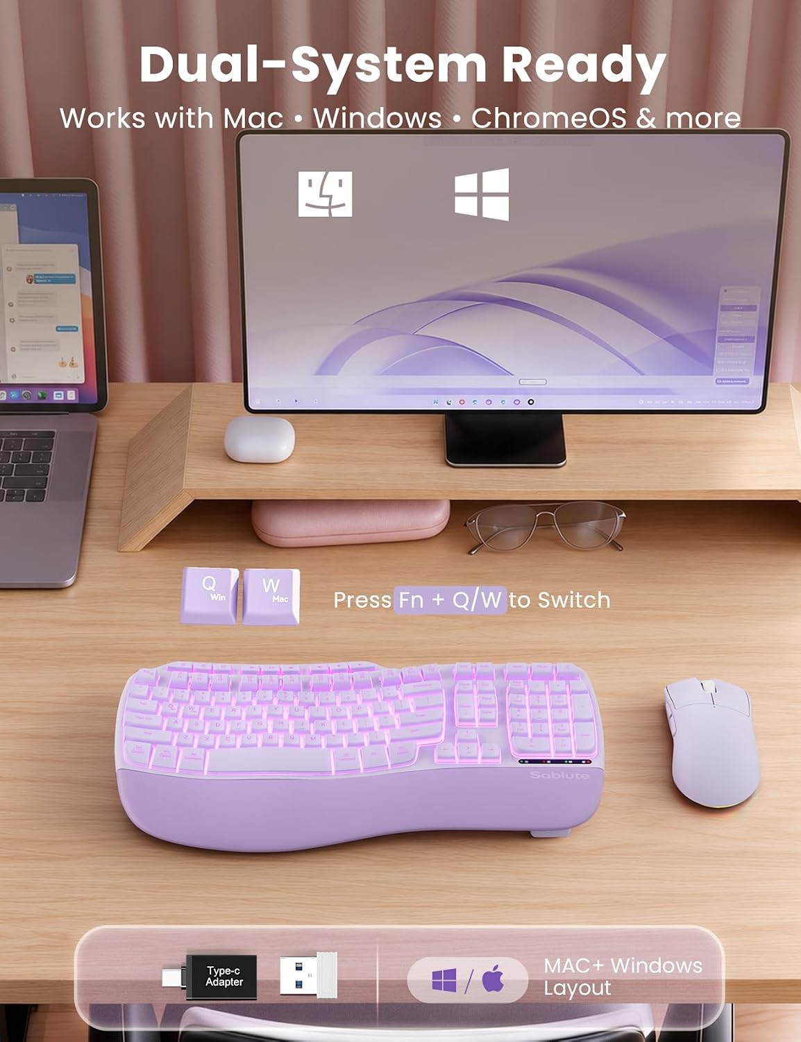 Combo de teclado y mouse inalámbricos ergonómicos morados, teclado...