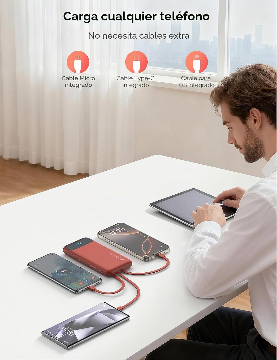 Nusyddy Cargador portátil 10000mAh con 4 cables incorporados y 6 sa...