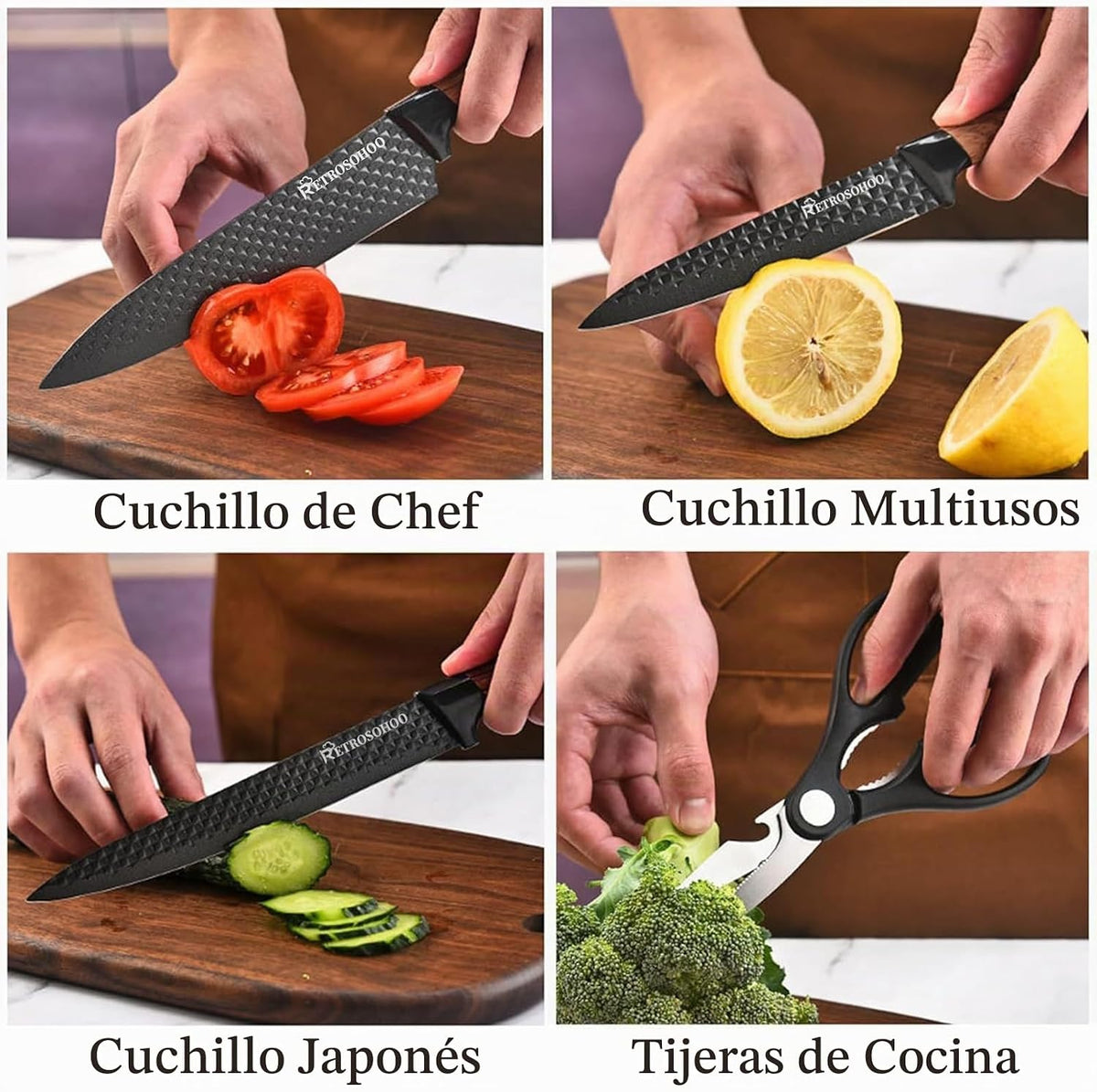 Retrosohoo - Juego de cuchillos de cocina de 6 piezas, color caqui,...