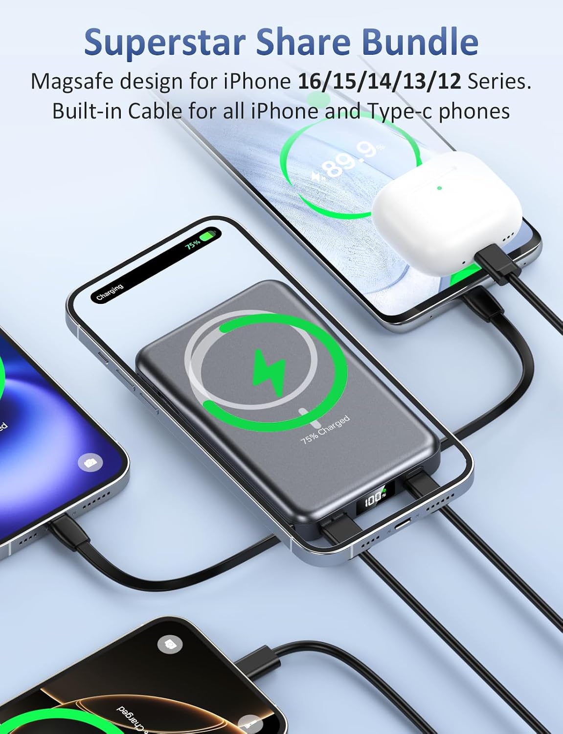 Cargador portátil magnético 10000mAh, banco de energía 20W con cabl...