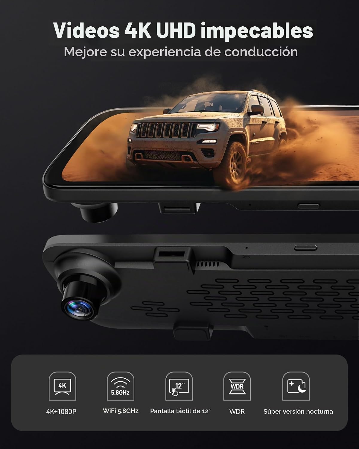 WOLFBOX G840S Cámara de Tablero con Espejo 4K de 12", Cámara de...