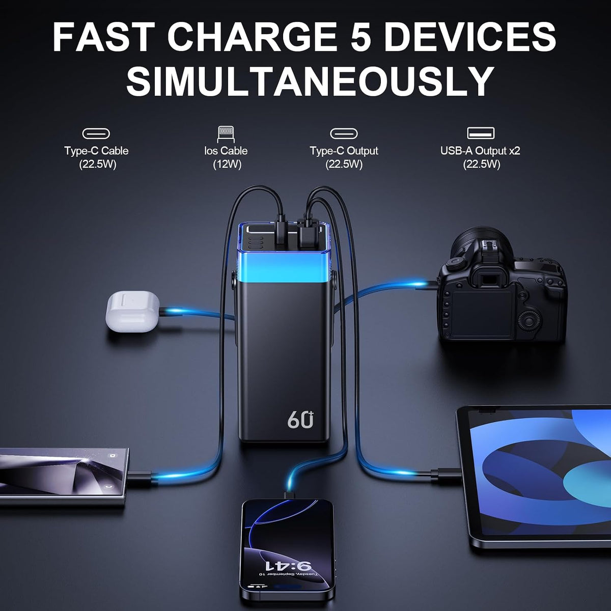 Cargador portátil Power Bank 60000mAh, 22.5W Paquete de baterías de...
