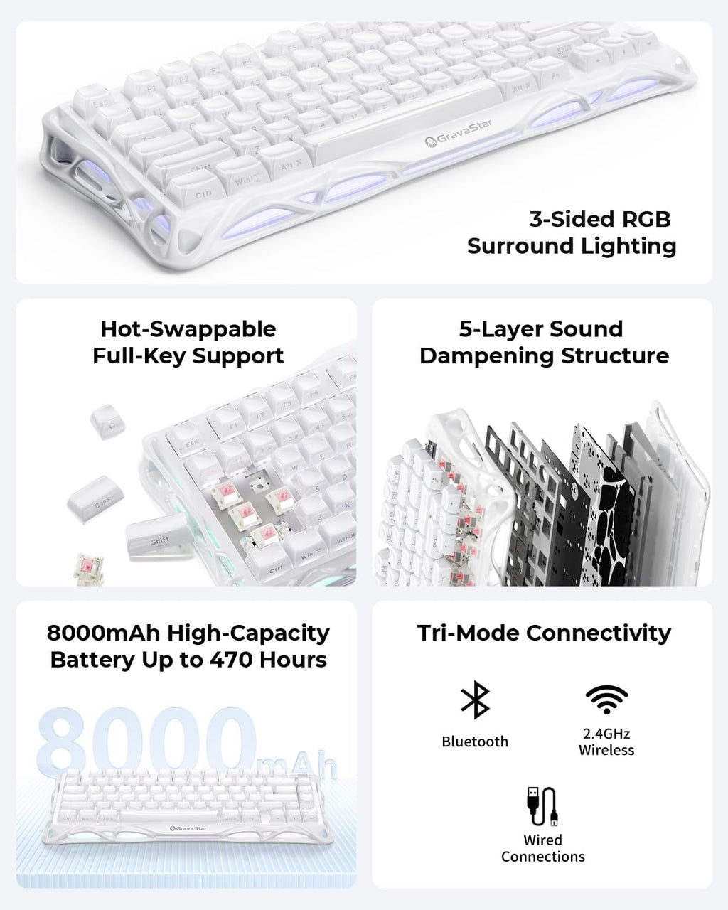 GravaStar Mercury K1 75% teclado mecánico inalámbrico para juegos,...