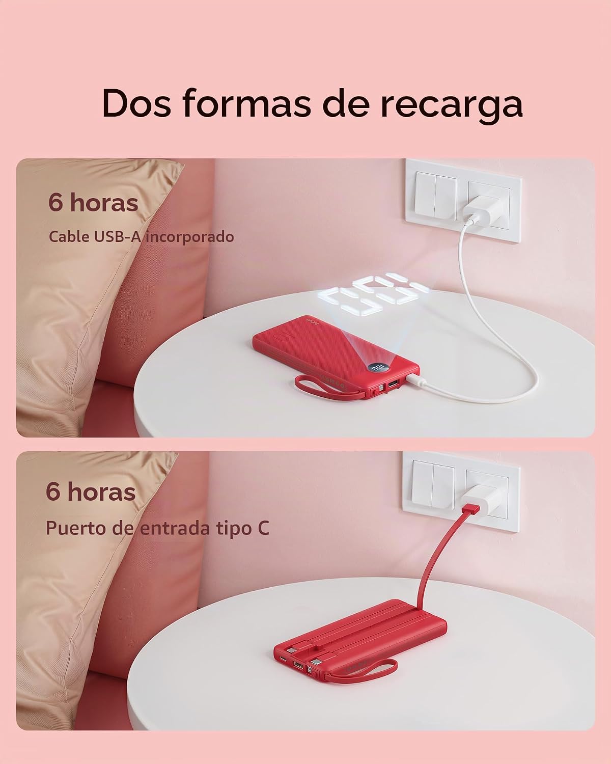 Cargador portátil VRURC, 4 cables integrados y banco de energía con...