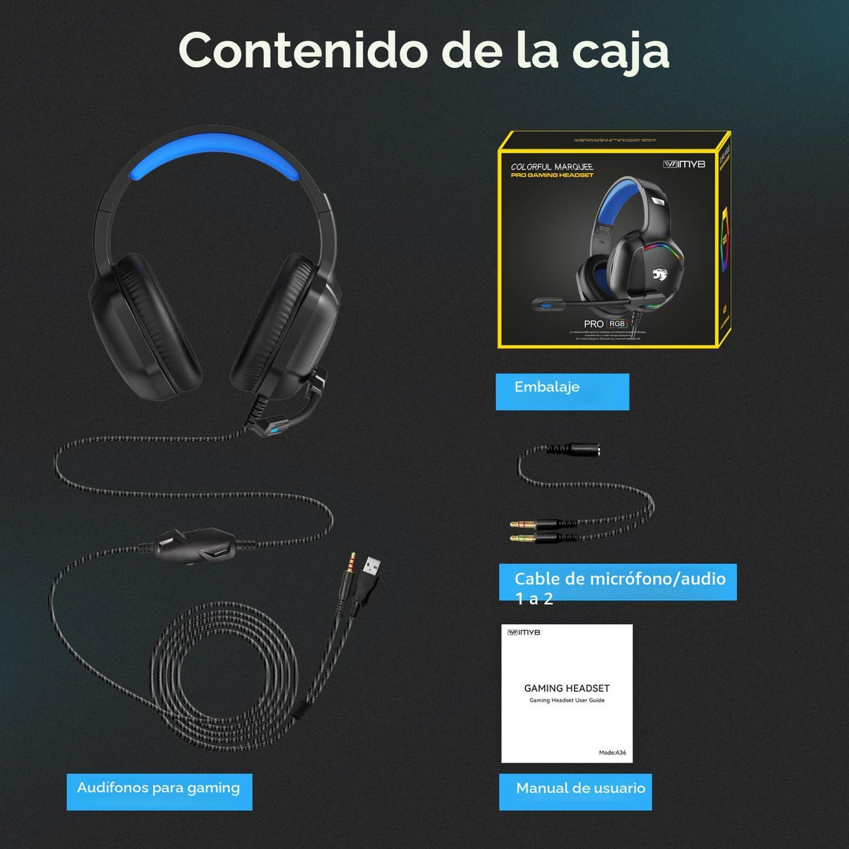 IMYB A36 Auriculares para juegos con micrófono estéreo para PC PS5,...