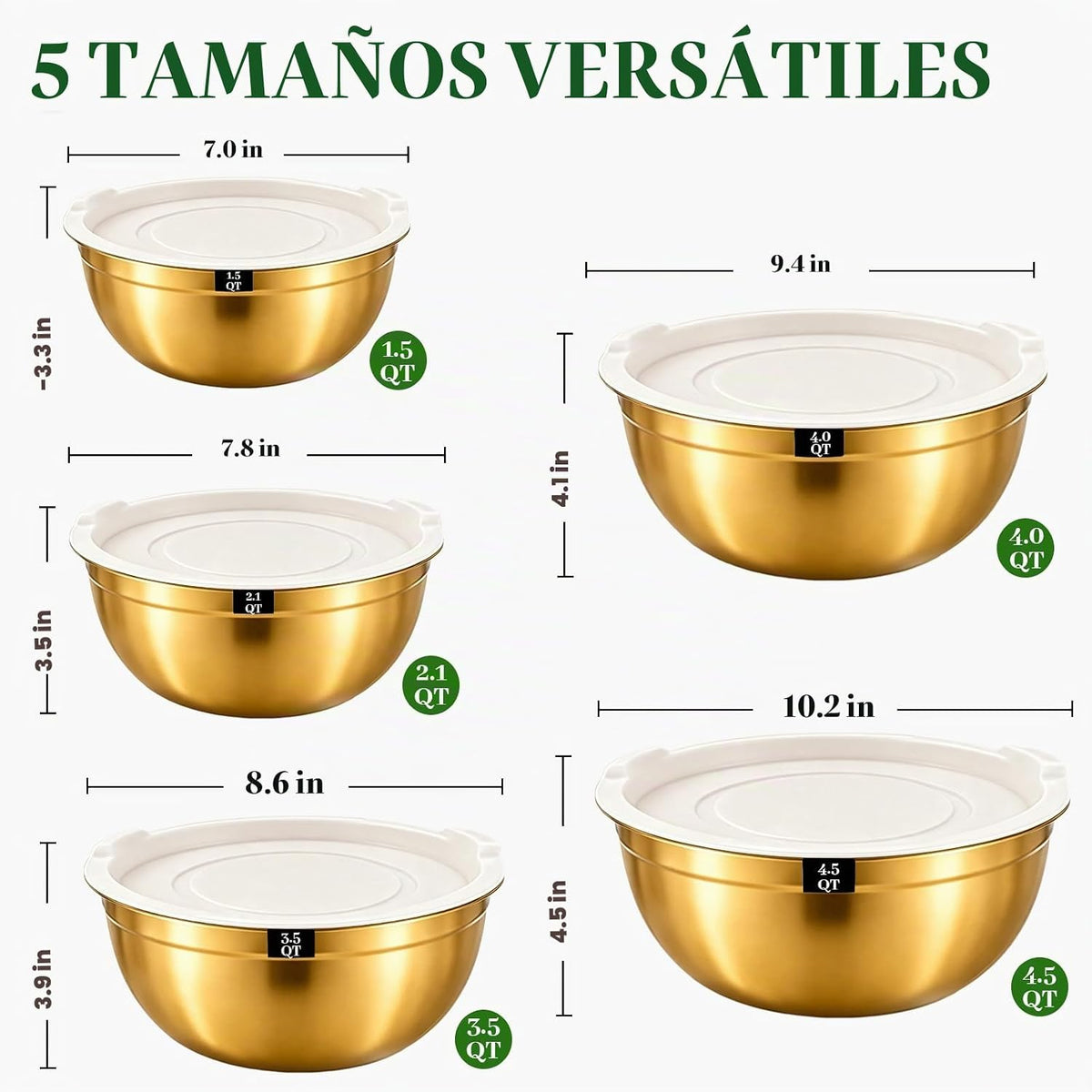 Juego de 5 cuencos de acero inoxidable dorados con tapas blancas, j...