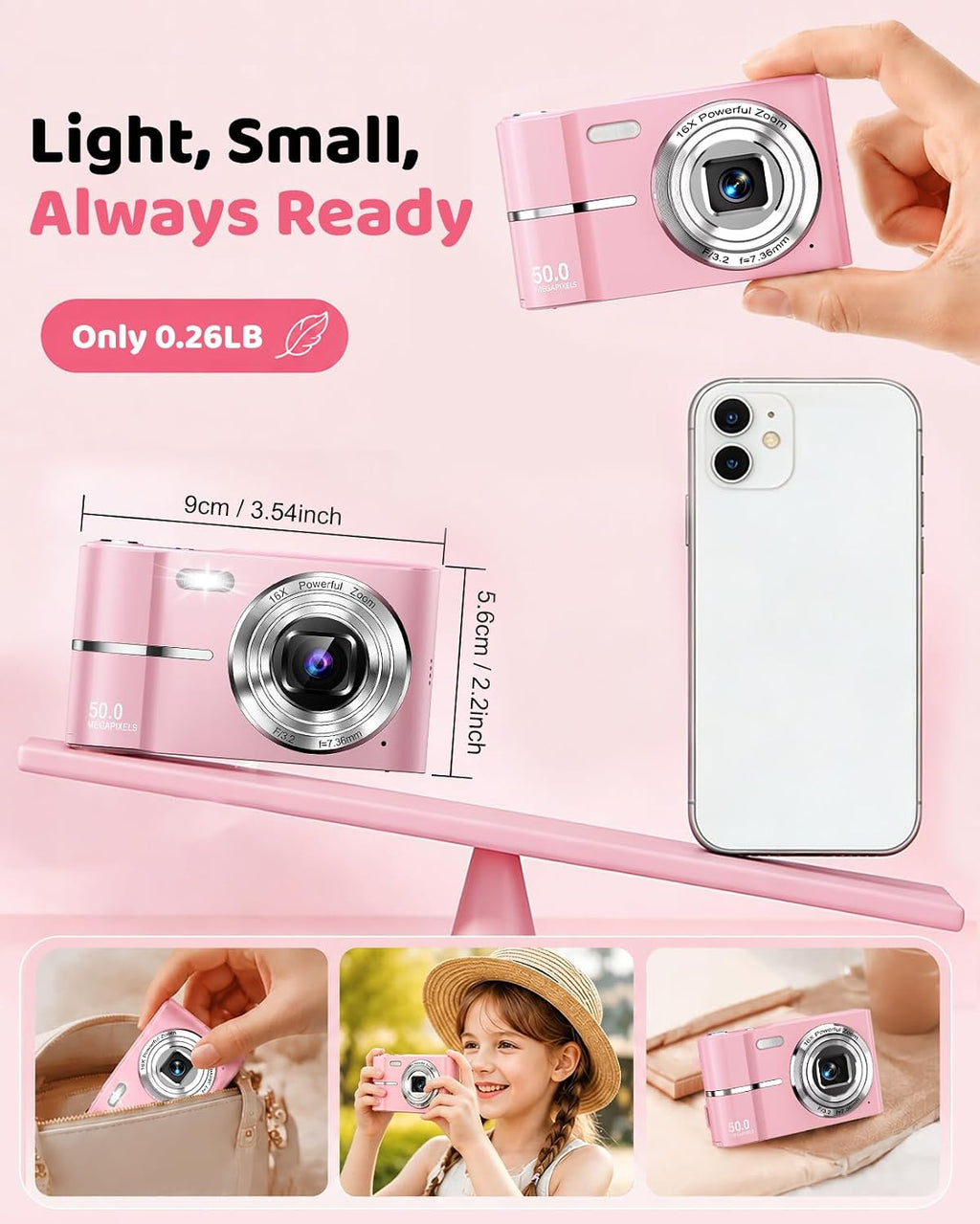 EJXHKNF Cámara digital rosa, 50MP FHD 1080P Cámara portátil para ap...