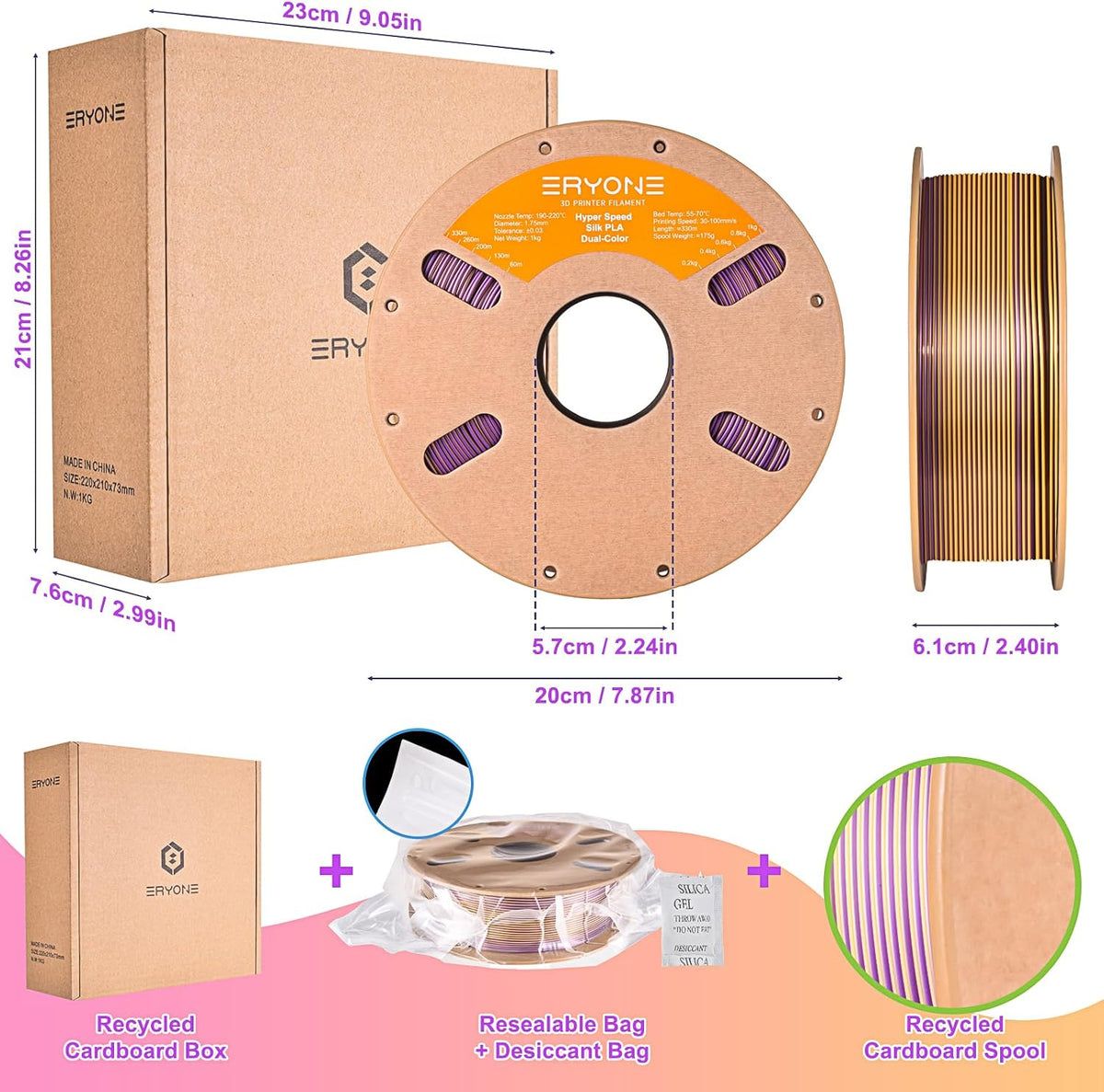 ERYONE HS Seda de Doble Color Filamento PLA para Impresora 3D 1.75m...