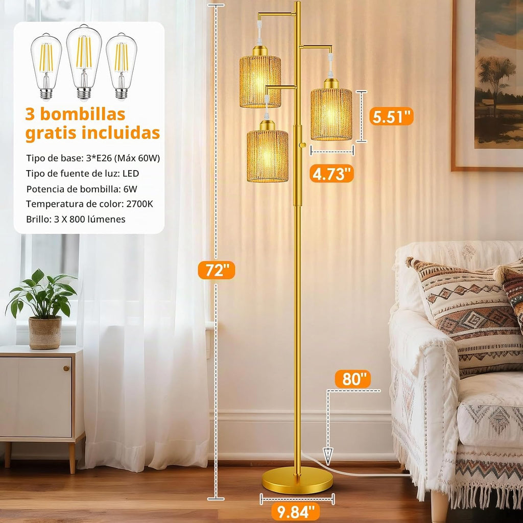 Hotsonic Lámpara de pie de árbol de ratán boho de 72 pulgadas, lámp...