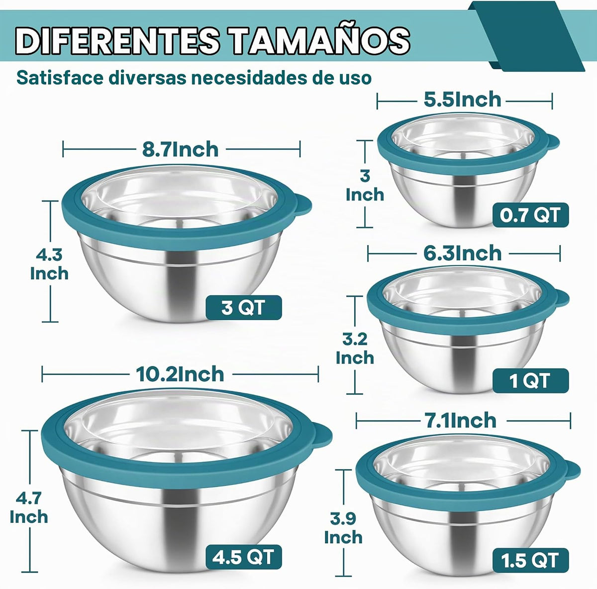 TeamFar - Juego de 5 tazones para mezclar con tapas, de acero inoxi...