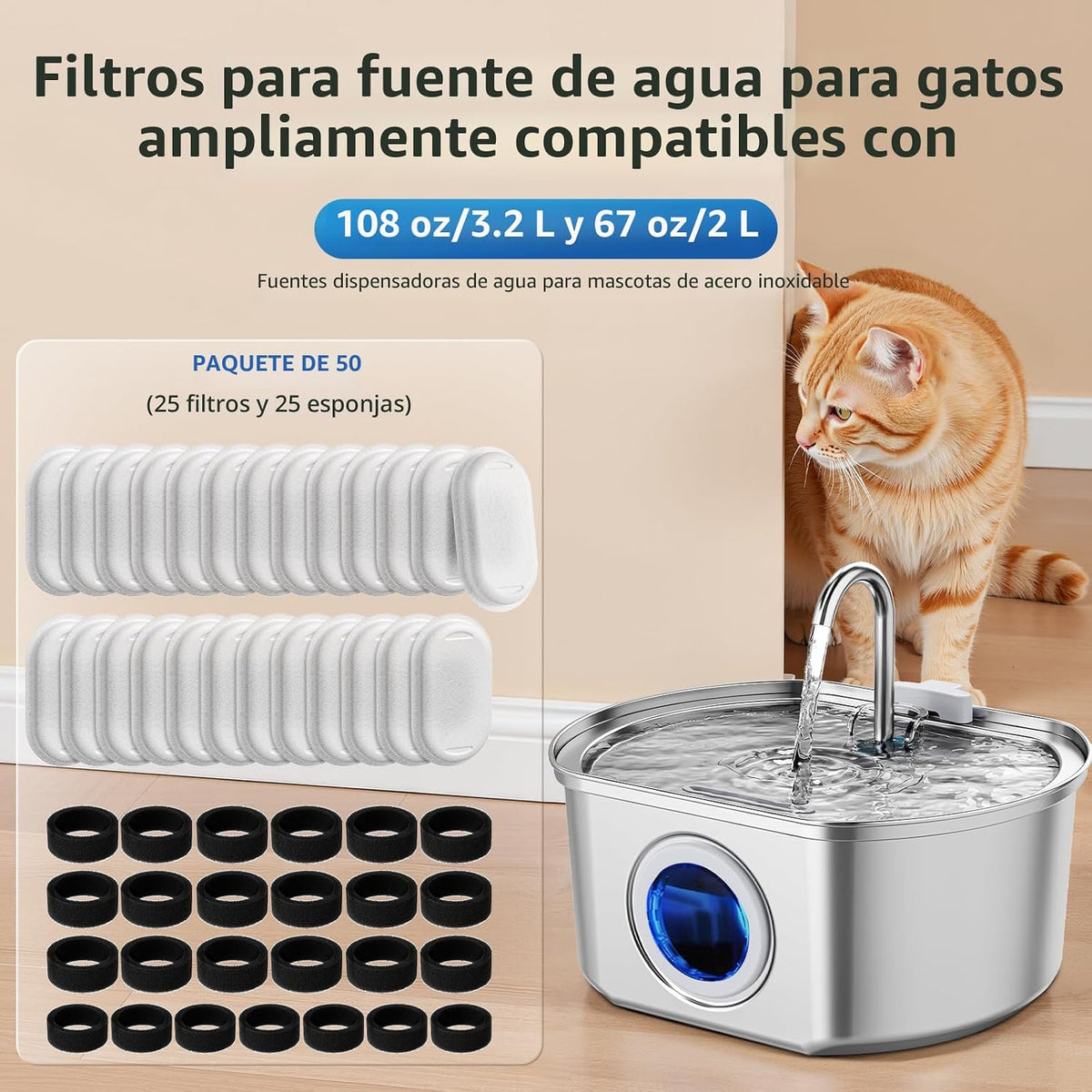 50 paquetes de filtros de fuente de agua para gatos para dispensado...