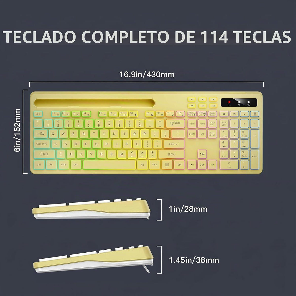 Soueto Teclado inalámbrico con retroiluminación RGB, soporte para t...