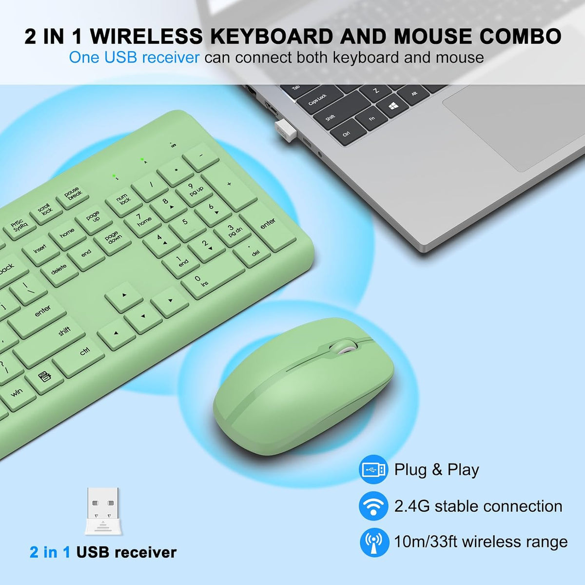 Combo de teclado y ratón inalámbricos, teclado ergonómico silencios...