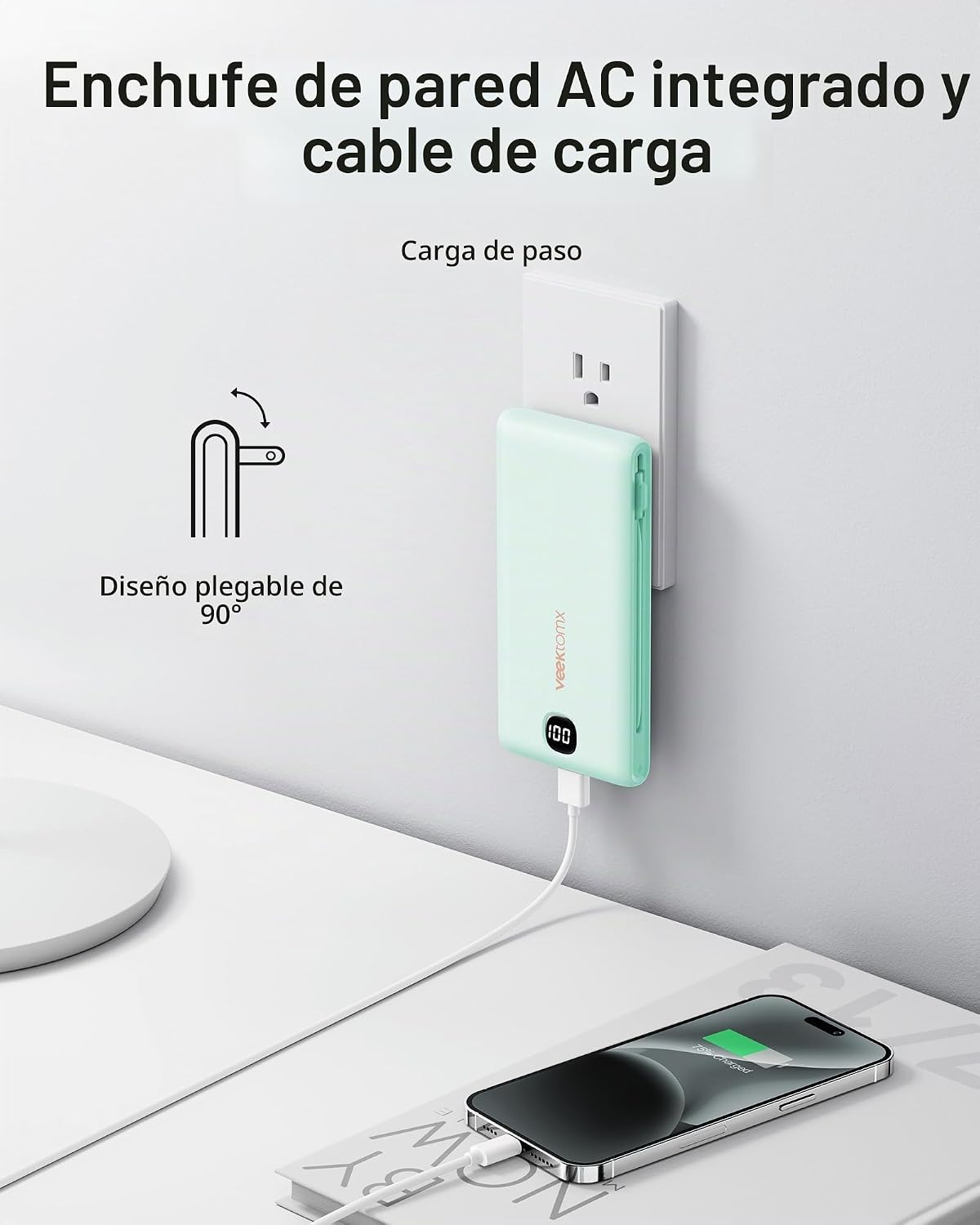 Cargador portátil VEEKTOMX de 10000 mAh con cables integrados y enc...