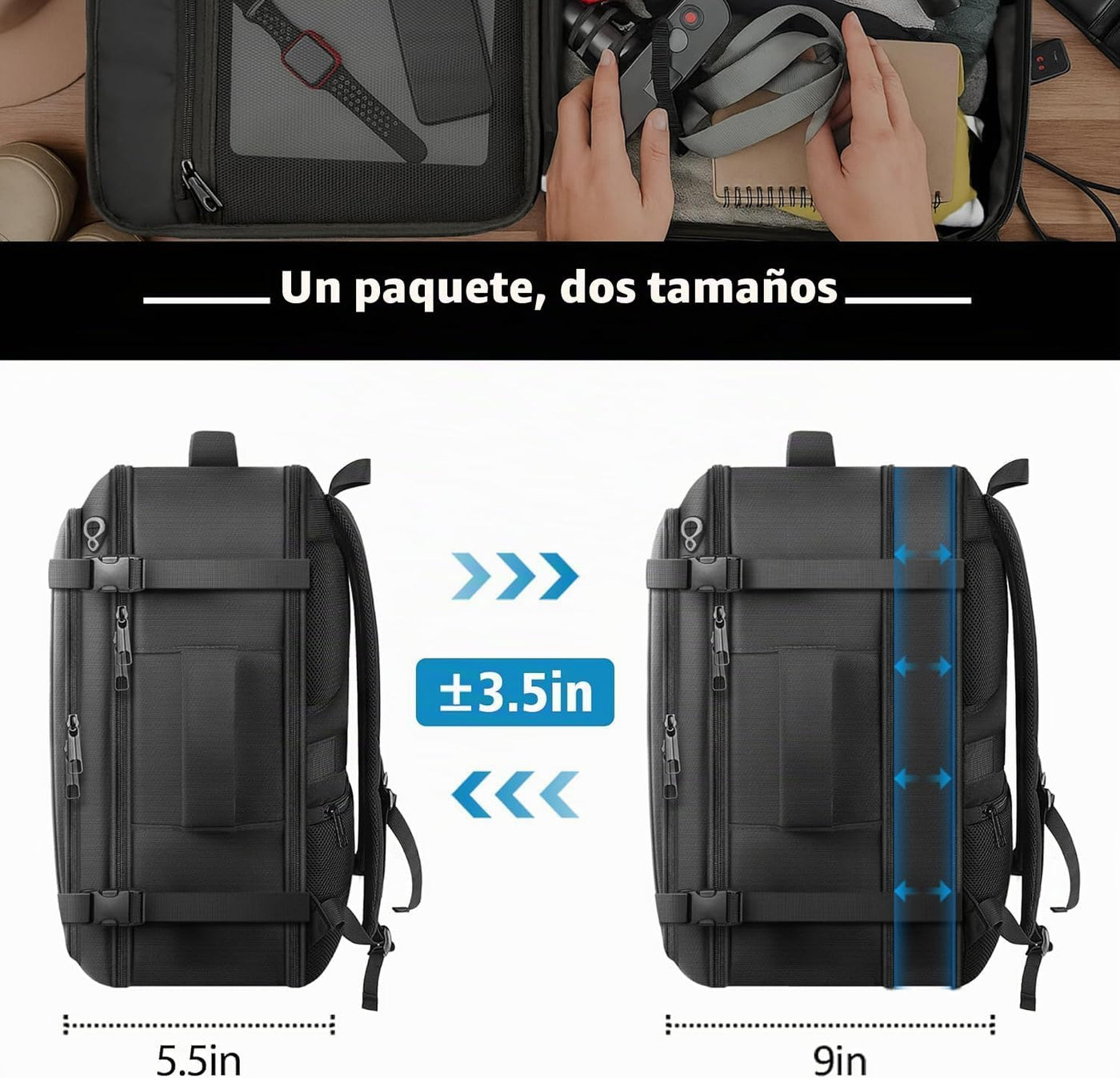 Mochila de transporte espaciosa, mochila de viaje expandible de gra...