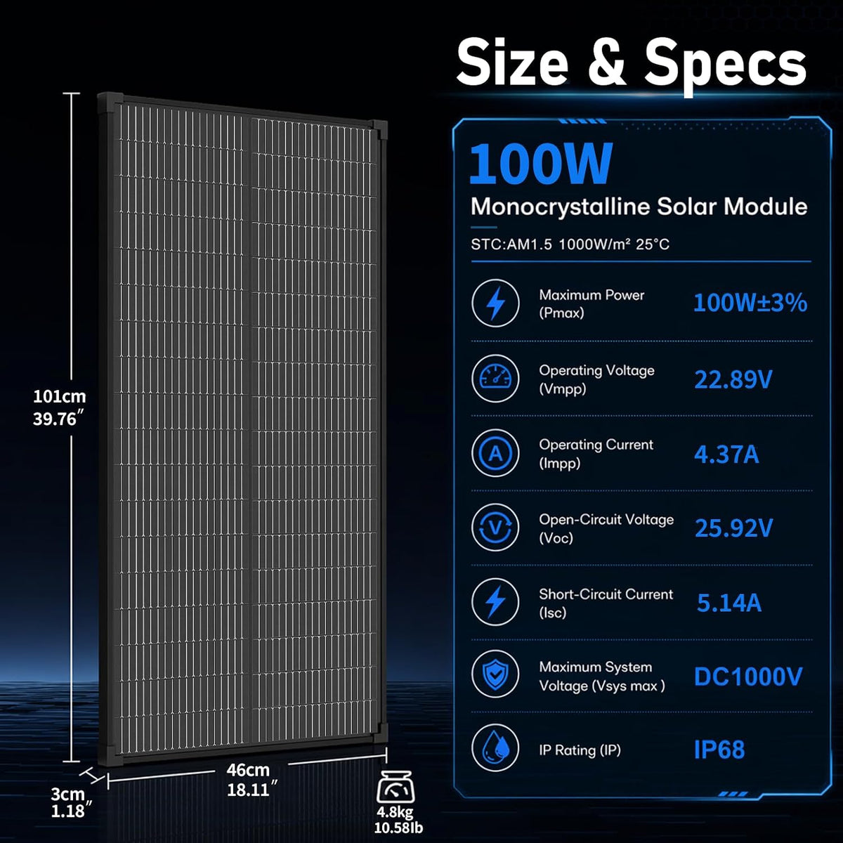 AeternaSol 100W 12V Mono Panel Solar Módulo PV Negro para Sistema F...