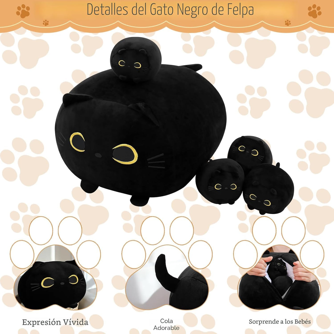 TOYSYM Gato Negro de Peluche Mamá Gato de Peluche Juguetes con 4 Be...