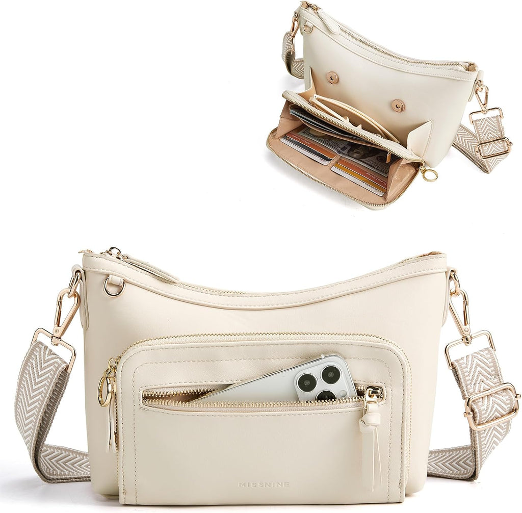 Missnine Bolso Cruzado, Bolsos Cruzados de Cuero Medianos para Mujeres Bolso de Viaje, Bolso de Hombro con Ranuras de Bloqueo RFID