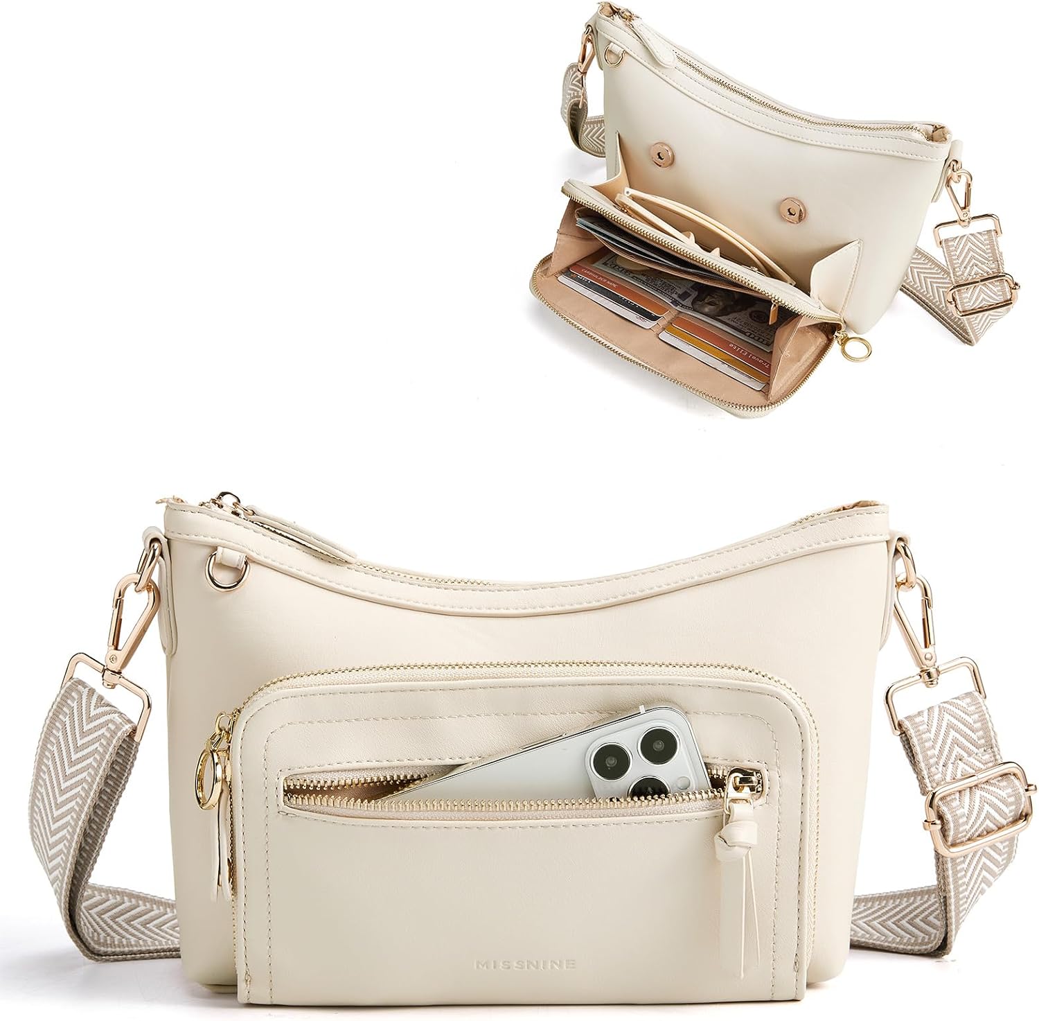 Missnine Bolso Cruzado, Bolsos Cruzados de Cuero Medianos para Mujeres Bolso de Viaje, Bolso de Hombro con Ranuras de Bloqueo RFID