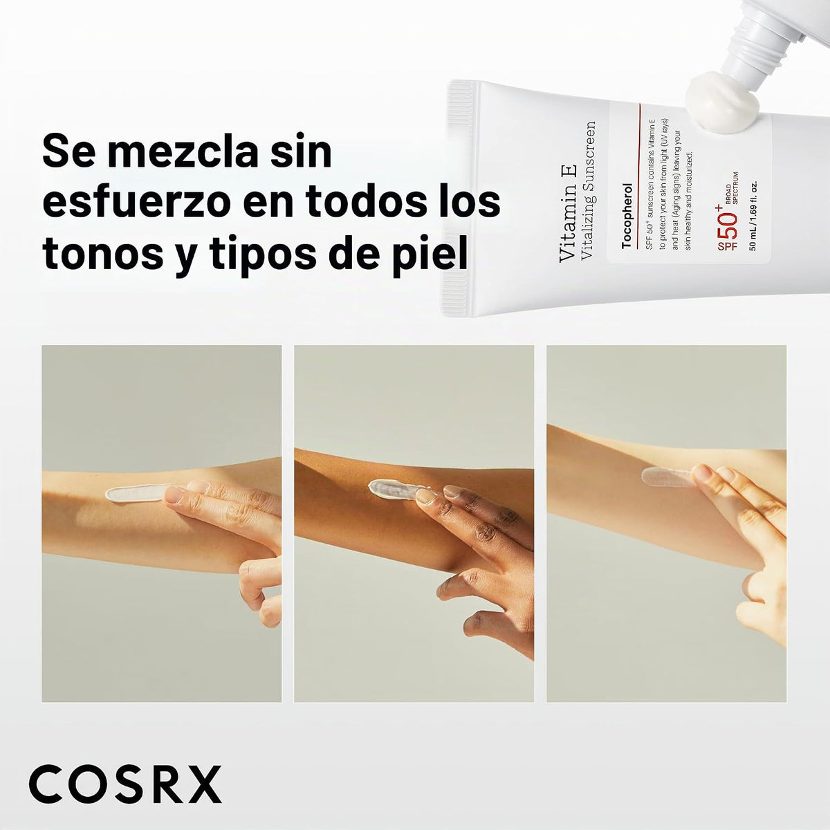 COSRX Vitamina E Protector solar SPF 50, brillo natural, para piel...