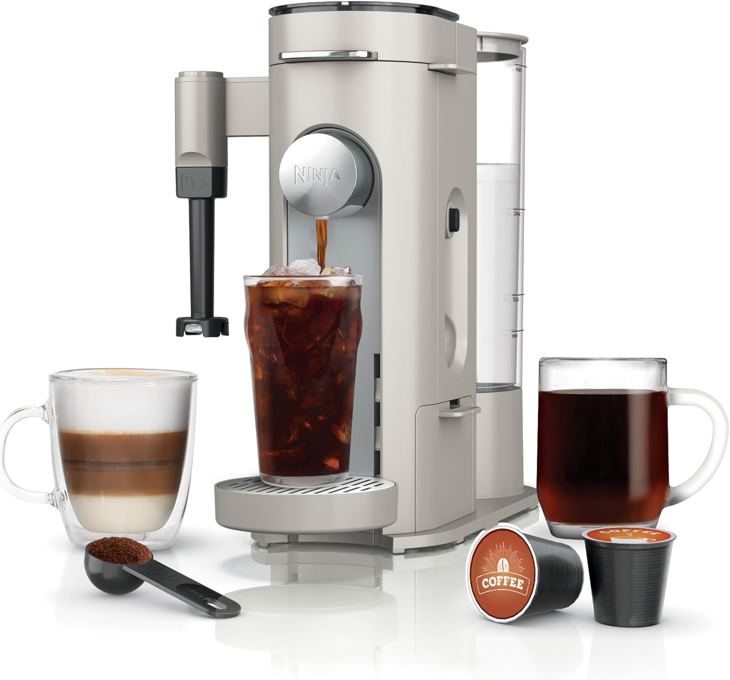 Ninja Pod & Grounds - Cafetera especializada de una sola porción, compatible con cápsulas K-Cup, prepara café molido, diseño compacto, espumador de leche incorporado, depósito de 56 oz