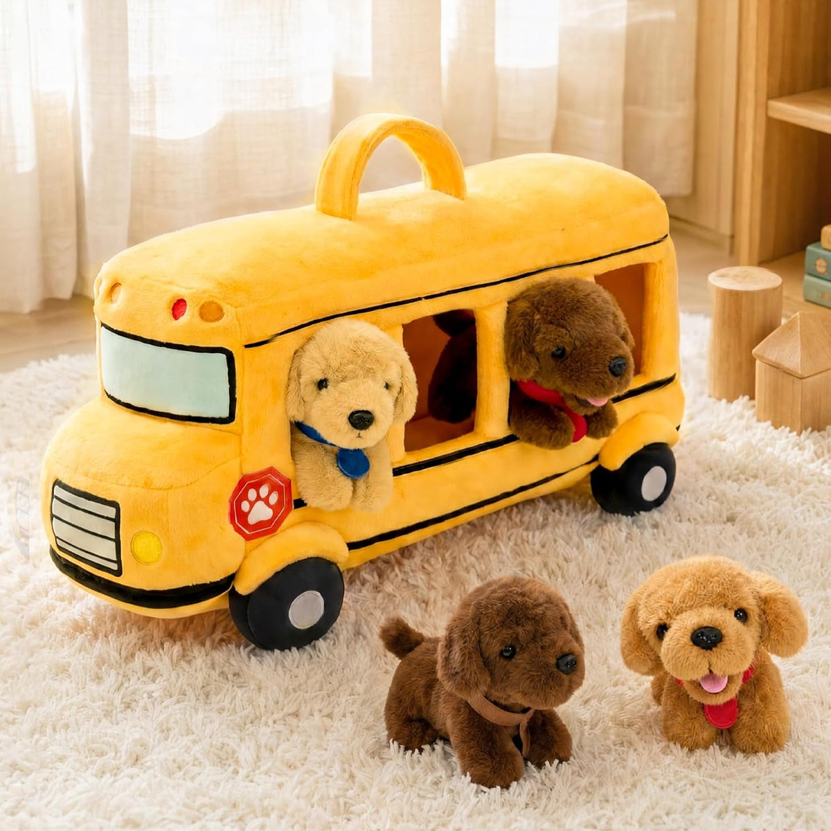 OUOZZZ Juego de animales de peluche para perros con autobús escolar...