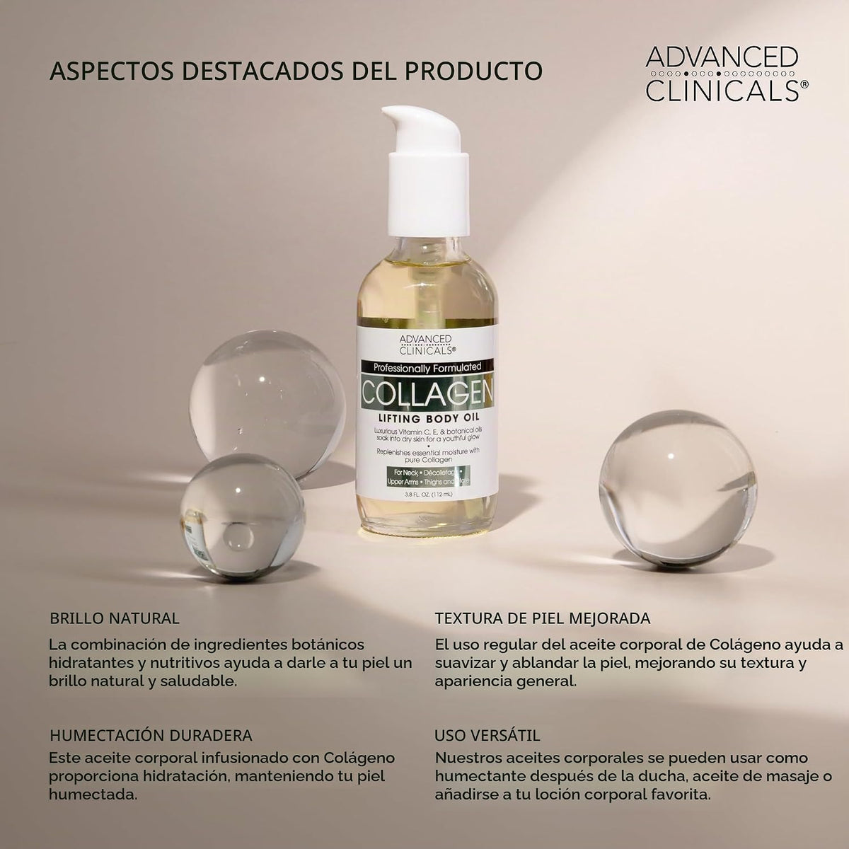 Advanced Clinicals - Aceite corporal de colágeno + aceite hidratant...