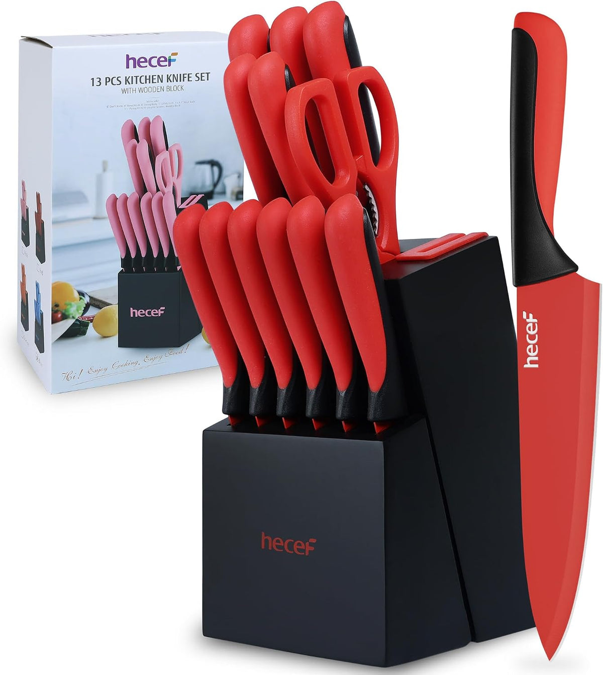 hecef Juego de cuchillos de cocina de 13 piezas con bloque de mader...