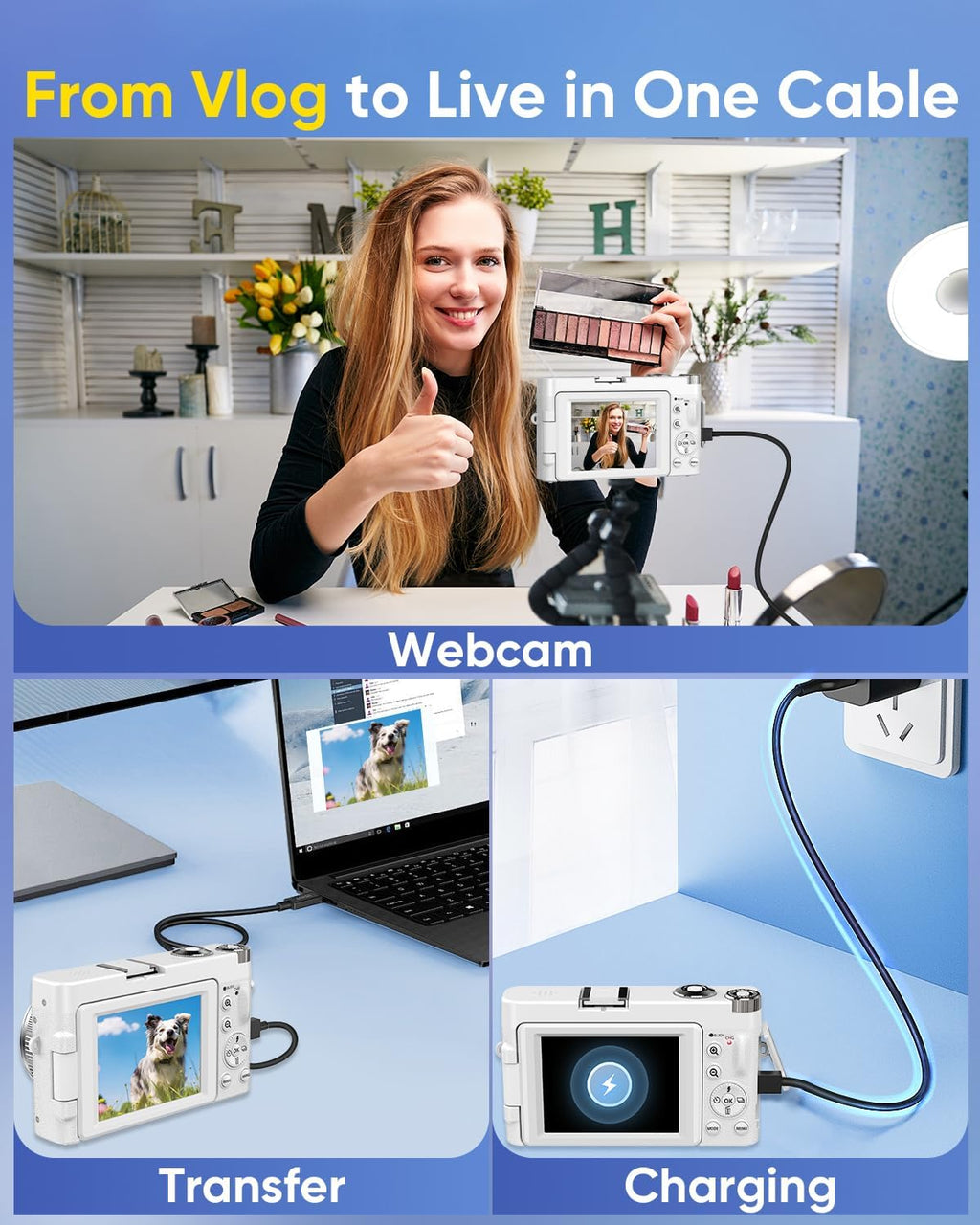 Cámara digital de 64MP mejorada 2026 4K WiFi 180° con pantalla abat...
