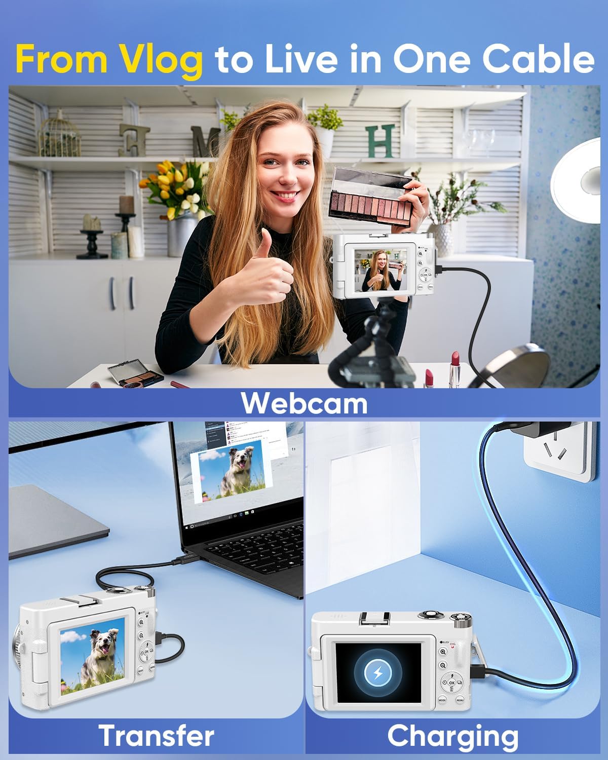 Cámara digital de 64MP mejorada 2026 4K WiFi 180° con pantalla abat...