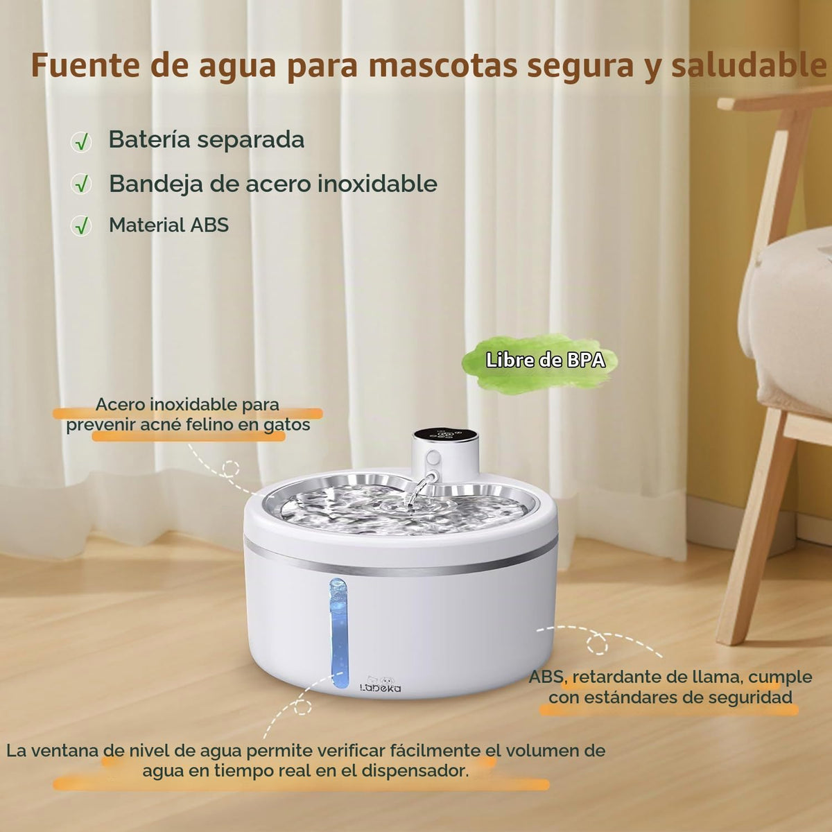 Fuente de agua inalámbrica para gatos [con bandeja de acero inoxida...