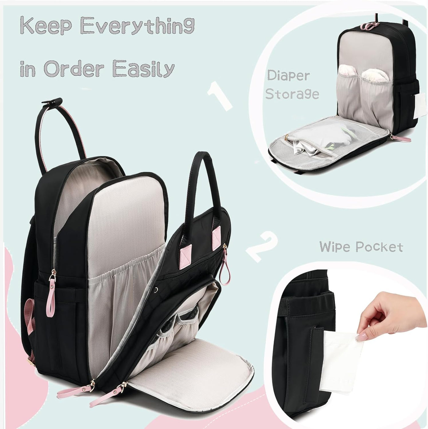 LORADI Mochila grande para pañales de 18 bolsillos, color negro | C...