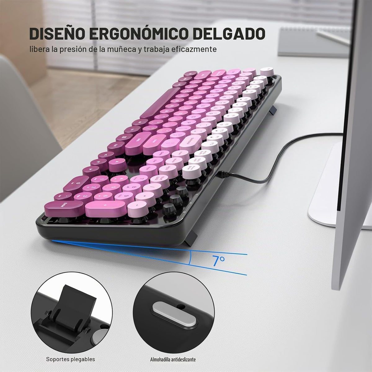MOWUX - Teclado de computadora con cable, teclado USB retro redondo...