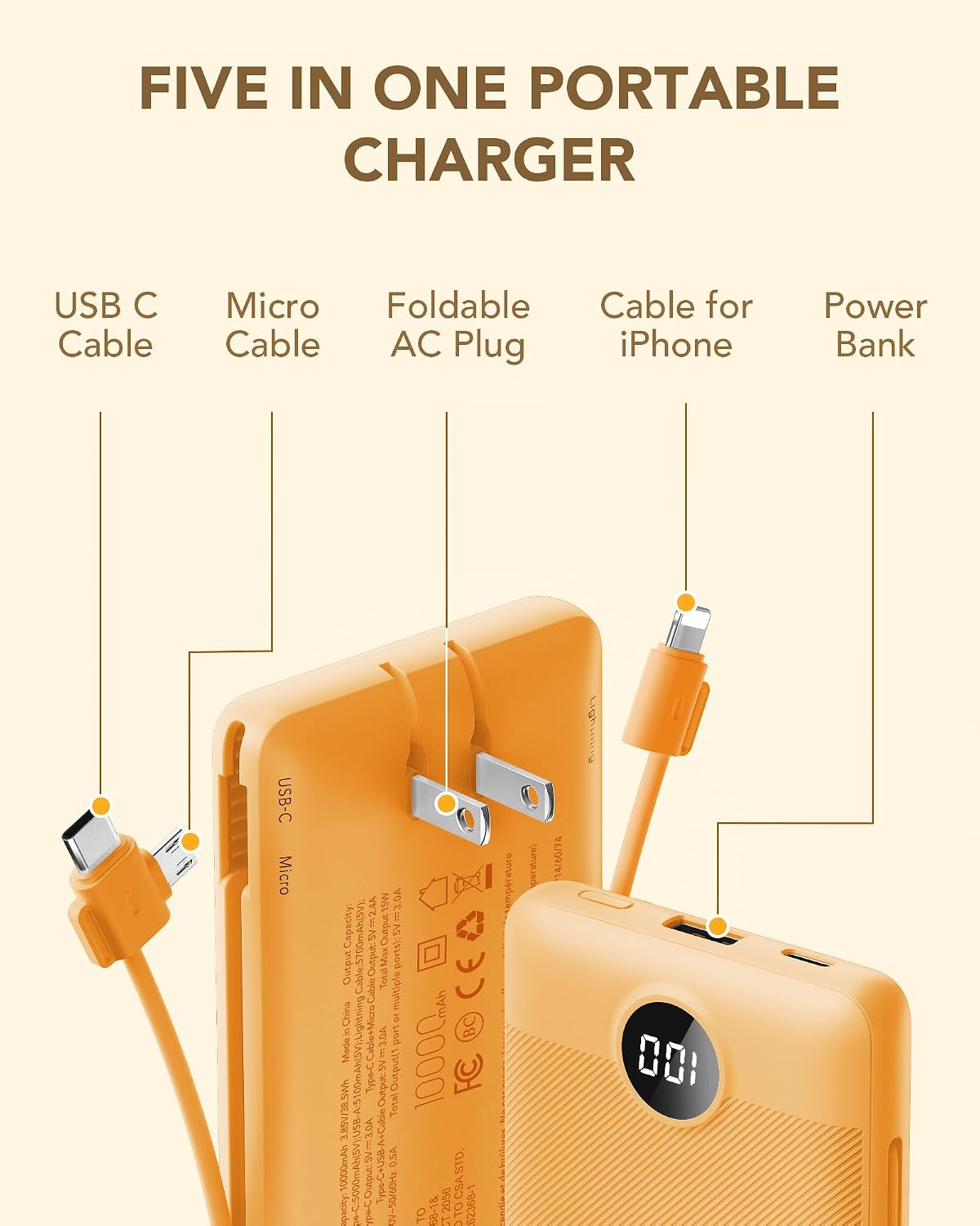 VRURC Cargador portátil, cables integrados en el banco de energía y...