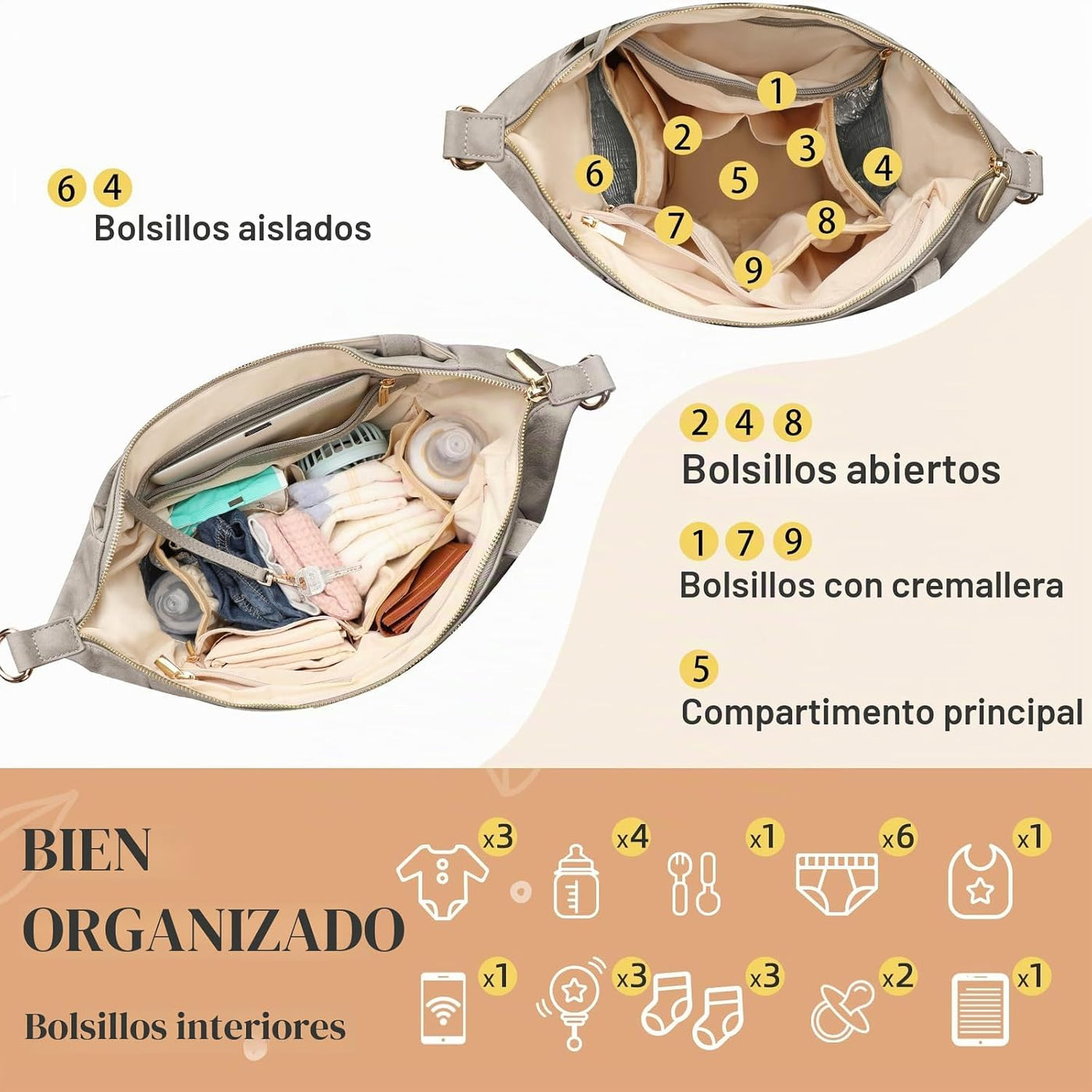 Miss Fong Bolso de cuero para pañales con almohadilla para cambiar,...