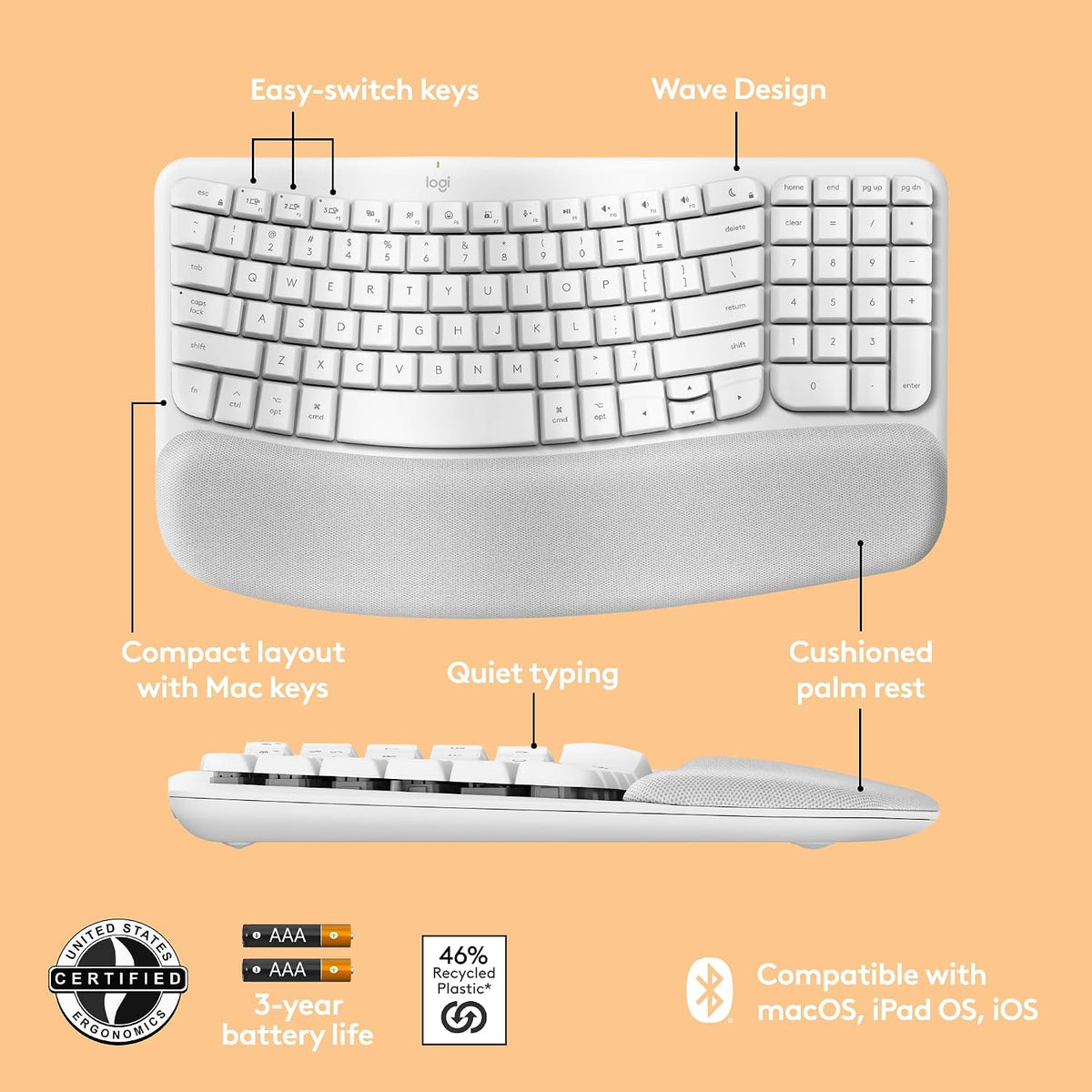 Logitech Wave Keys - Teclado ergonómico inalámbrico Bluetooth para...