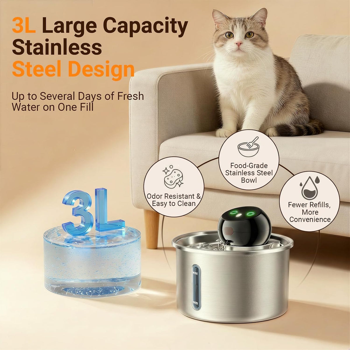 Fuente de agua inalámbrica para gatos de 3 litros\/101 onzas, fuent...