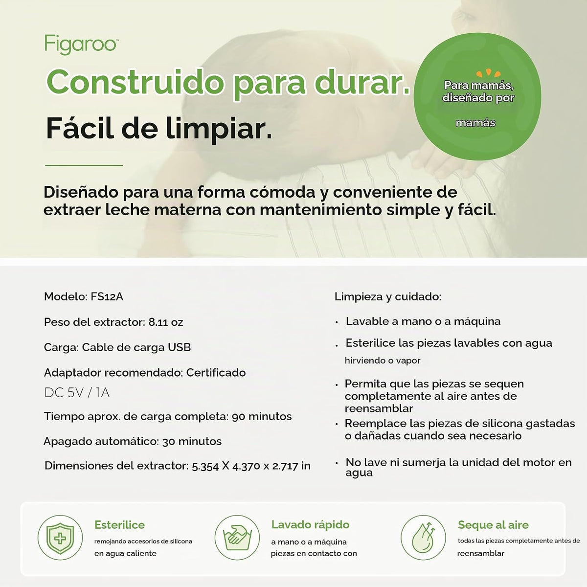 Figaroo Ease - Extractor de leche portátil manos libres, 12 niveles...